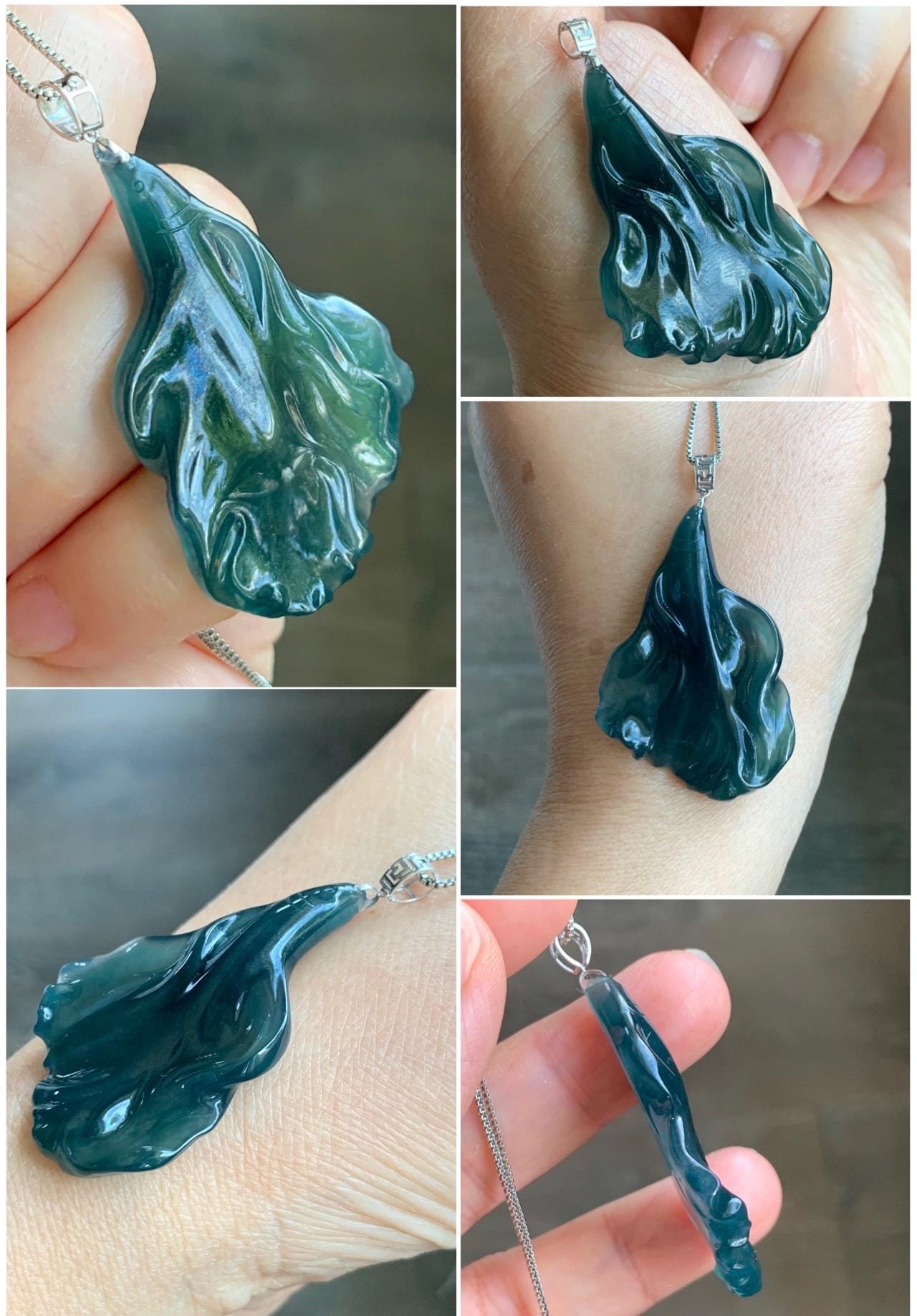 Natural Grade A Guatemalan Icy Translucent Gelatinous Old Mine Dark Teal Blue Jadeite Fish Pendant 18K White Gold 10g 天然老种冰胶危深蓝翡翠鱼镶嵌吊坠 WLDY