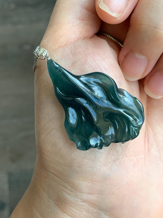 Natural Grade A Guatemalan Icy Translucent Gelatinous Old Mine Dark Teal Blue Jadeite Fish Pendant 18K White Gold 10g 天然老种冰胶危深蓝翡翠鱼镶嵌吊坠 WLDY