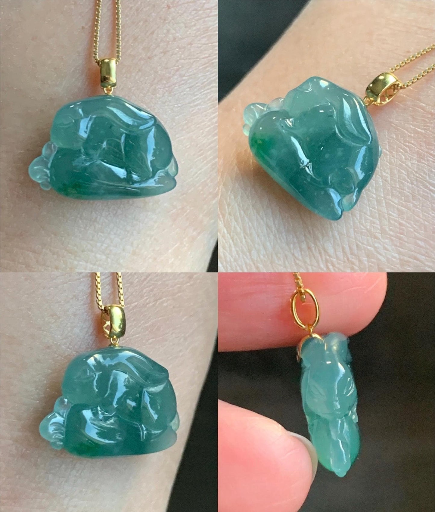 Natural Grade A Guatemalan Icy Translucent Teal Green Marbled Jade Jadeite Rabbit Carrot Pendant 18K Yellow Gold 天然冰危蓝绿翡翠小兔胡萝卜吊坠 XTLP150