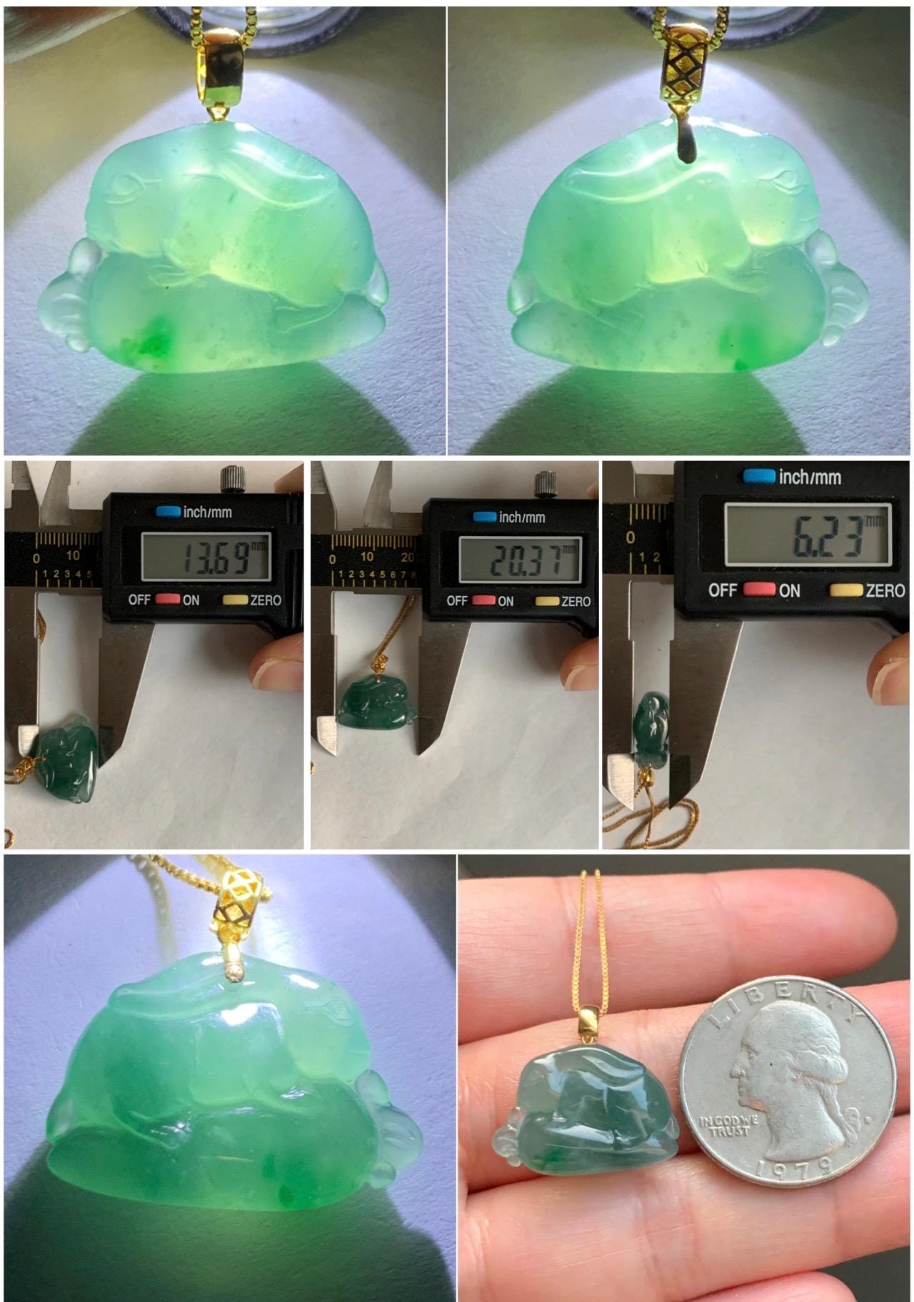 Natural Grade A Guatemalan Icy Translucent Teal Green Marbled Jade Jadeite Rabbit Carrot Pendant 18K Yellow Gold 天然冰危蓝绿翡翠小兔胡萝卜吊坠 XTLP150