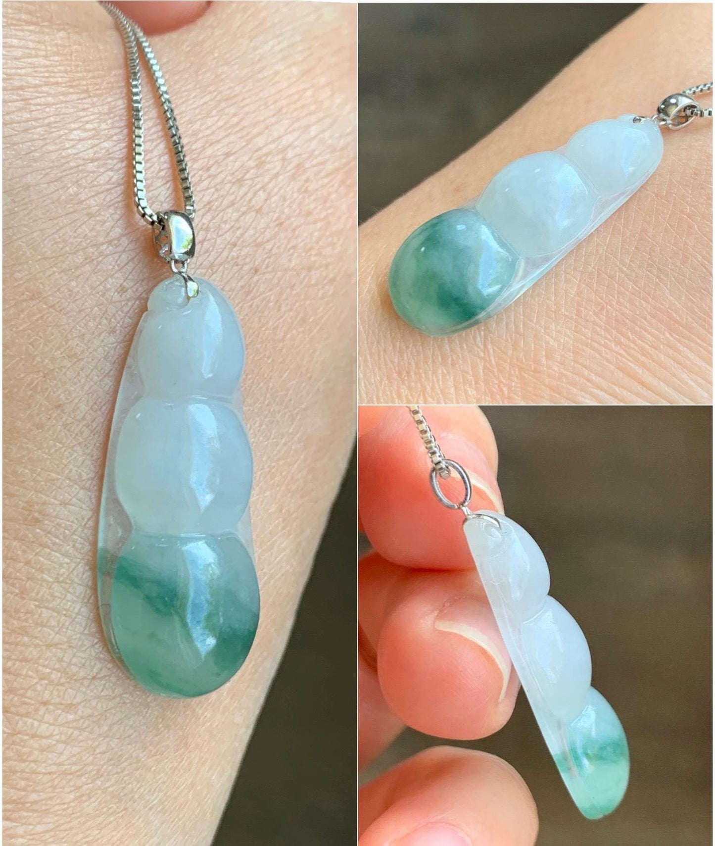Natural Grade A Icy Translucent Gelatinous Light Green Marbled Jadeite Carved Lucky Peapod Pendant 18K White Gold 5g 天然白冰飘花翡翠福豆镶嵌吊坠 PHFD143