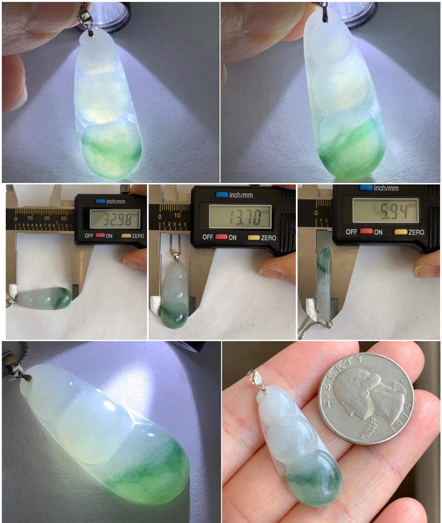Natural Grade A Icy Translucent Gelatinous Light Green Marbled Jadeite Carved Lucky Peapod Pendant 18K White Gold 5g 天然白冰飘花翡翠福豆镶嵌吊坠 PHFD143