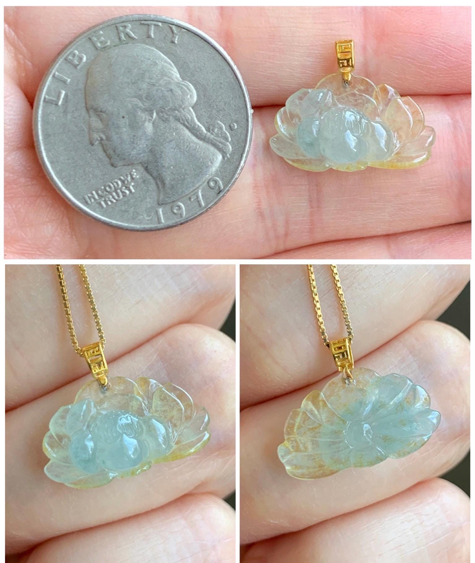Grade A Natural Icy Highly Translucent Beige Yellow Marbled Jadeite Lotus Flower Petite Pendant 18K Yellow Gold 天然冰糖黄翡翠迷你莲花镶嵌吊坠 XML250A