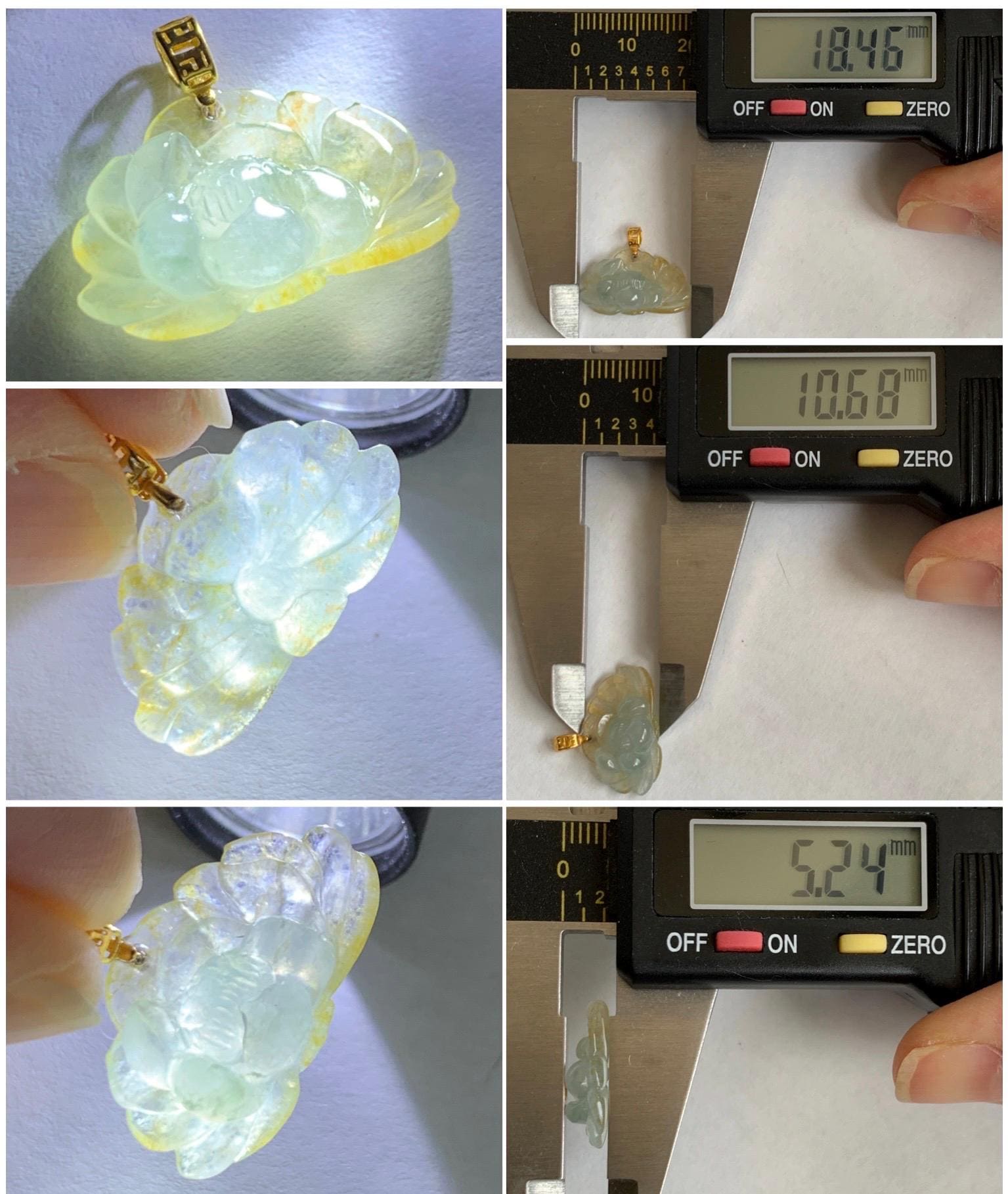 Grade A Natural Icy Highly Translucent Beige Yellow Marbled Jadeite Lotus Flower Petite Pendant 18K Yellow Gold 天然冰糖黄翡翠迷你莲花镶嵌吊坠 XML250A