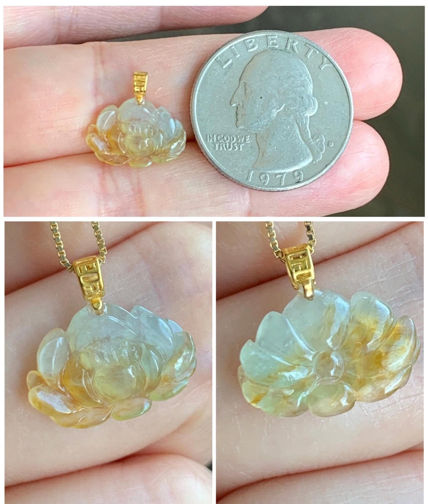 Grade A Natural Icy Highly Translucent Beige Yellow Marbled Jadeite Lotus Flower Petite Pendant 18K Yellow Gold 天然冰糖黄翡翠迷你莲花镶嵌吊坠 XML250B