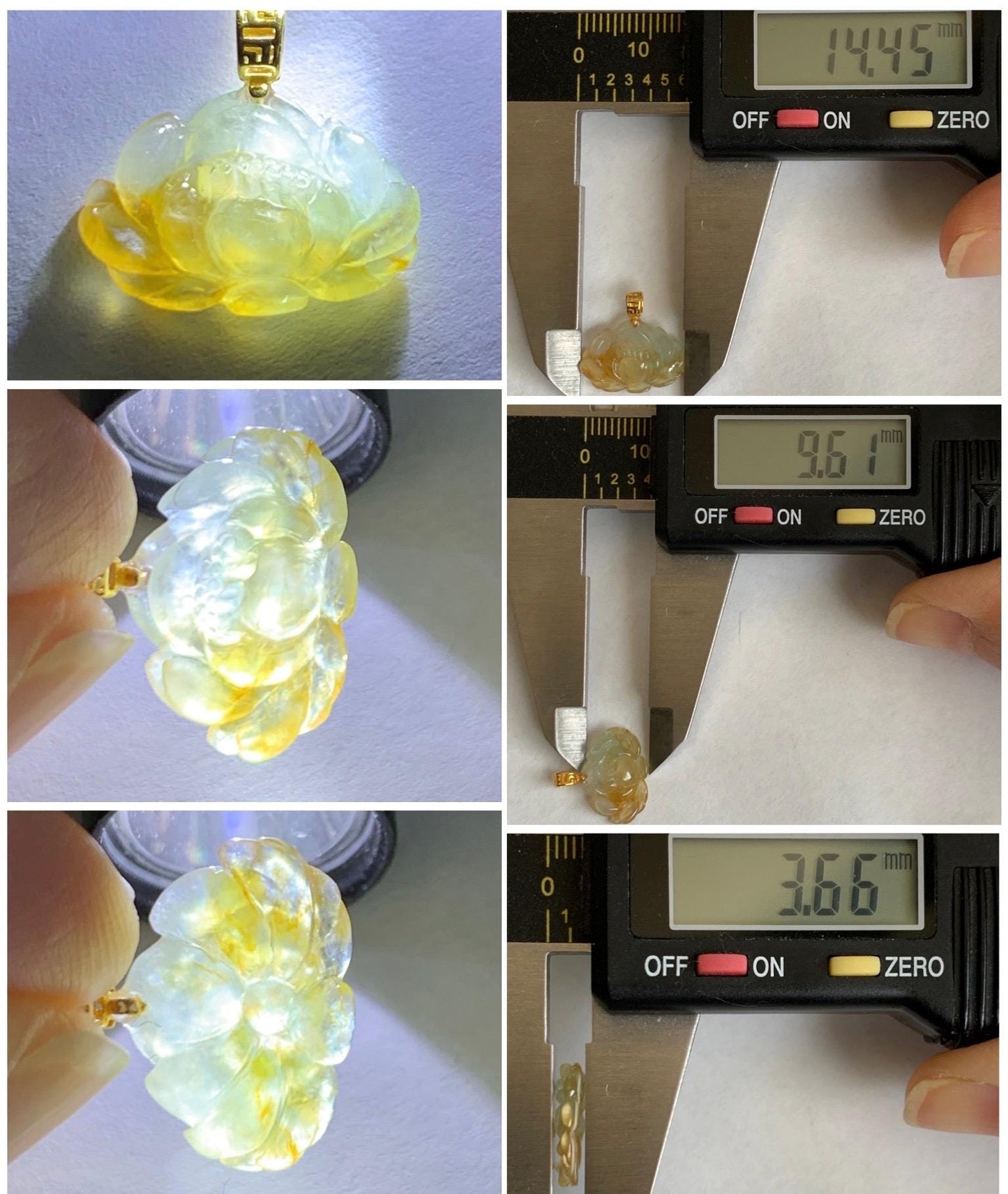 Grade A Natural Icy Highly Translucent Beige Yellow Marbled Jadeite Lotus Flower Petite Pendant 18K Yellow Gold 天然冰糖黄翡翠迷你莲花镶嵌吊坠 XML250B
