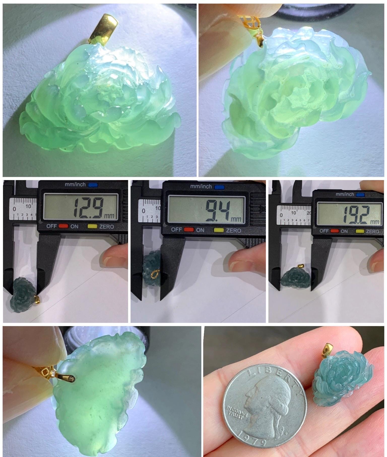 Natural Grade A Guatemalan Icy Translucent Light Teal Green Jade Jadeite Peony Flower Pendant 18K Yellow Gold 3g 天然冰危浅蓝绿翡翠牡丹花吊坠 WDLU275