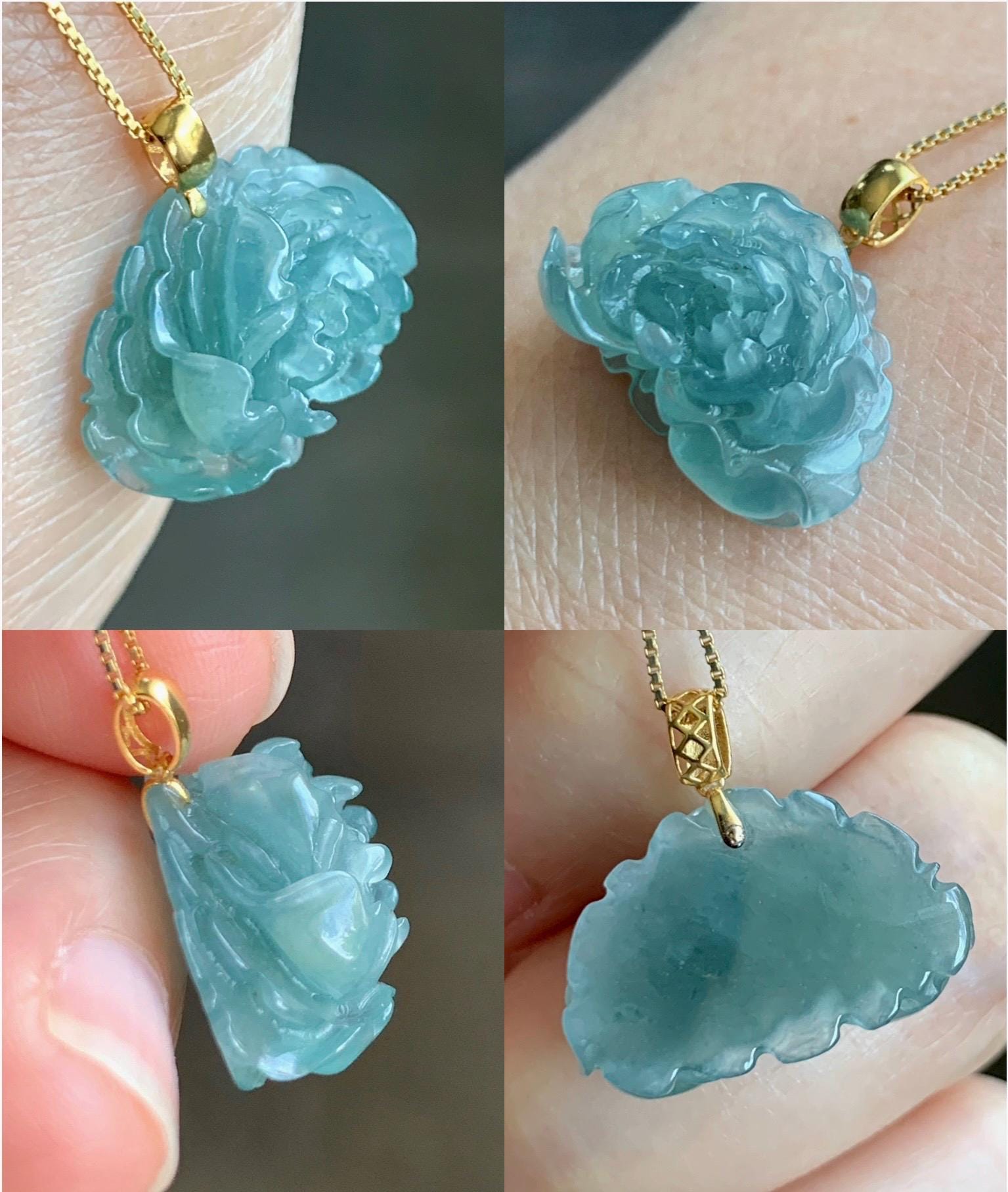 Natural Grade A Guatemalan Icy Translucent Light Teal Green Jade Jadeite Peony Flower Pendant 18K Yellow Gold 3g 天然冰危浅蓝绿翡翠牡丹花吊坠 WDLU275