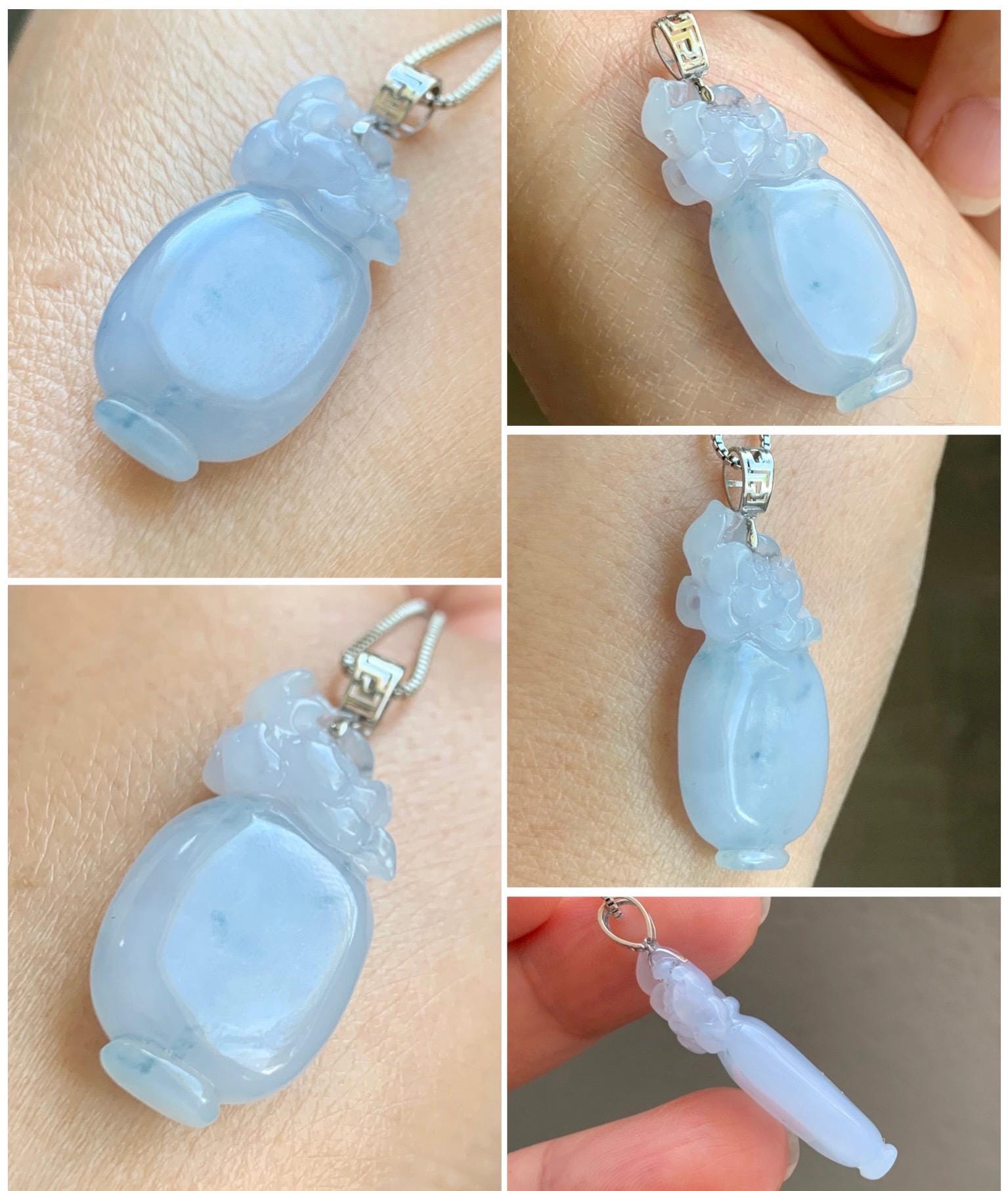 Natural Grade A Icy Translucent Gelatinous Pastel Purple Jade Jadeite Lotus Flower Vase Pendant 18K White Gold 天然冰胶淡紫飘花翡翠莲花宝瓶吊坠 MZP-A