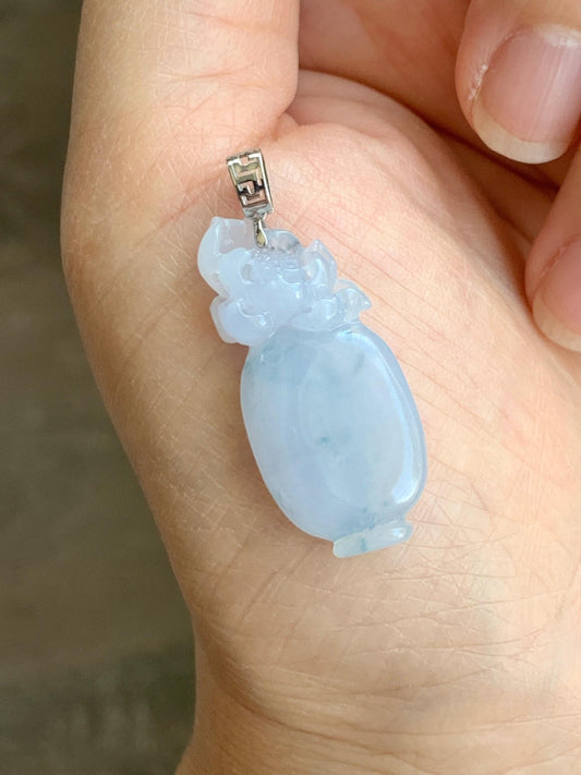 Natural Grade A Icy Translucent Gelatinous Pastel Purple Jade Jadeite Lotus Flower Vase Pendant 18K White Gold 天然冰胶淡紫飘花翡翠莲花宝瓶吊坠 MZP-A
