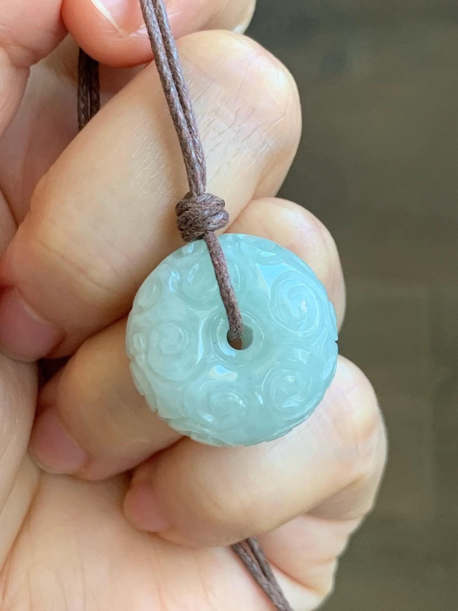 Natural Grade A Icy Translucent Pastel Green Jade Jadeite Engraved Ping An Kou Donut Pendant Rope Necklace 25" 天然淡晴底翡翠仿古雕平安扣吊坠 FGZ90B