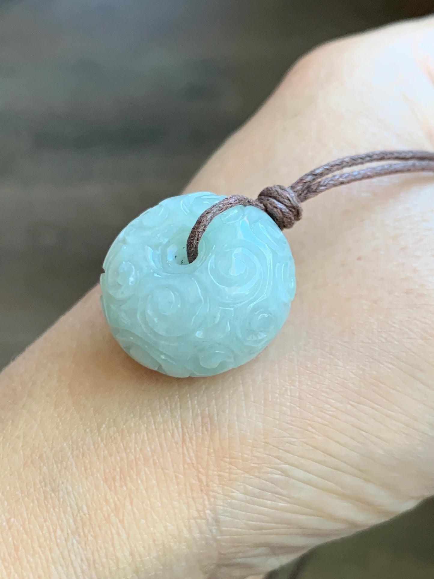 Natural Grade A Icy Translucent Pastel Green Jade Jadeite Engraved Ping An Kou Donut Pendant Rope Necklace 25" 天然淡晴底翡翠仿古雕平安扣吊坠 FGZ90B