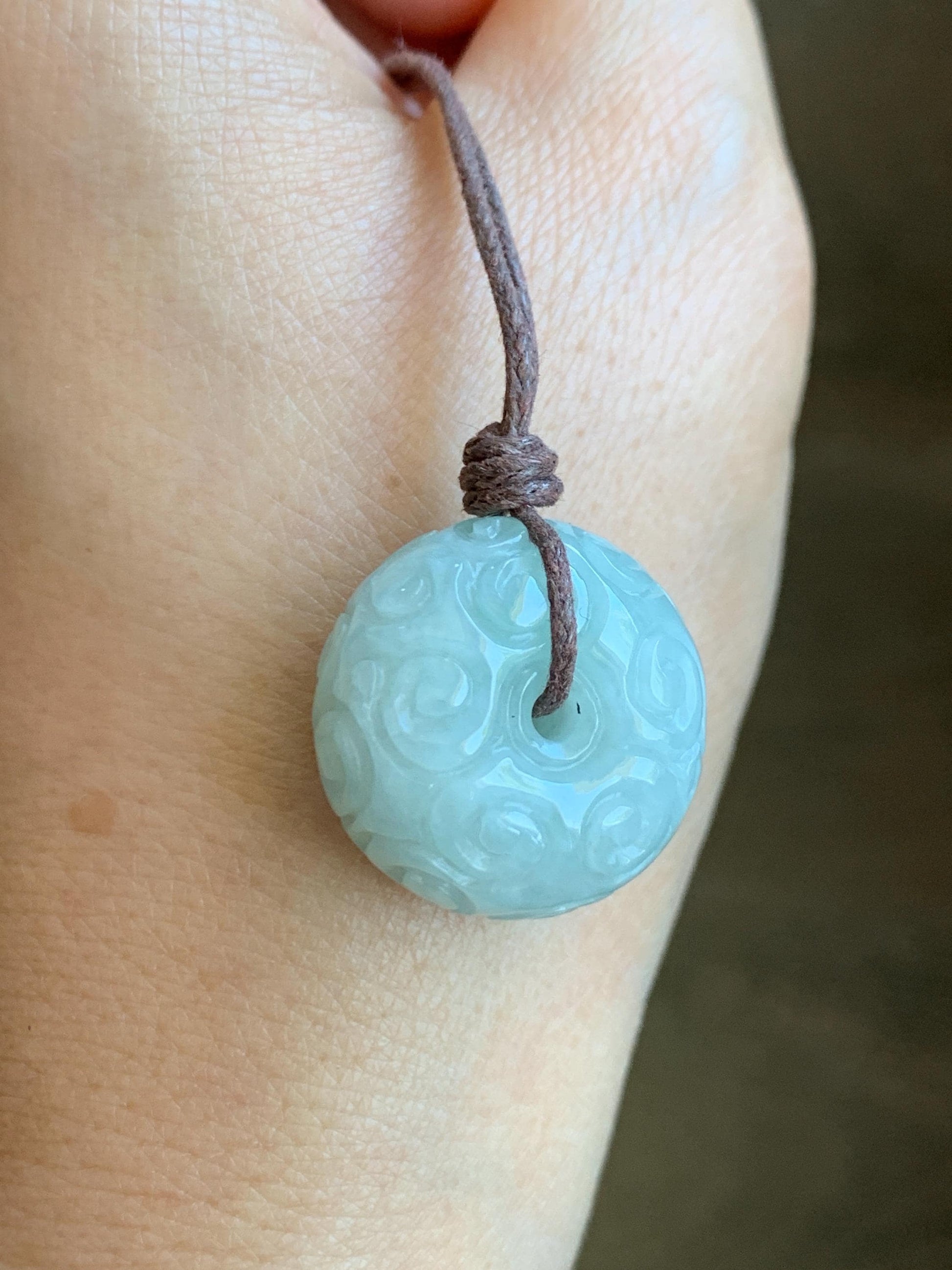 Natural Grade A Icy Translucent Pastel Green Jade Jadeite Engraved Ping An Kou Donut Pendant Rope Necklace 25" 天然淡晴底翡翠仿古雕平安扣吊坠 FGZ90B