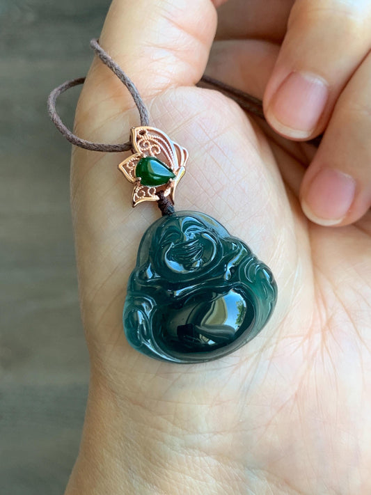 Natural Grade A Guatemalan Icy Translucent Dark Indigo Blue Jadeite Buddha Pendant Green Jadeite Bail Sterling Silver 天然冰危老种深蓝翡翠佛公危绿顶珠吊坠 NZF