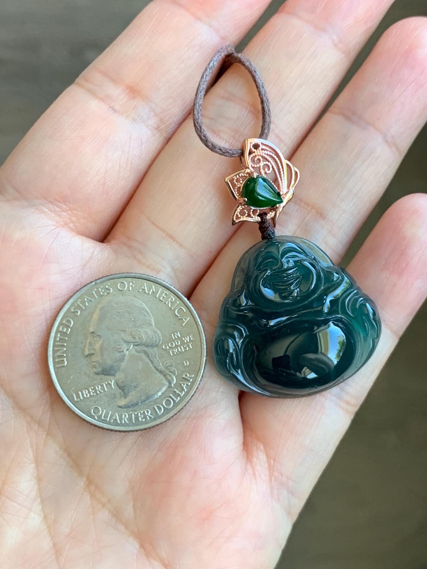 Natural Grade A Guatemalan Icy Translucent Dark Indigo Blue Jadeite Buddha Pendant Green Jadeite Bail Sterling Silver 天然冰危老种深蓝翡翠佛公危绿顶珠吊坠 NZF