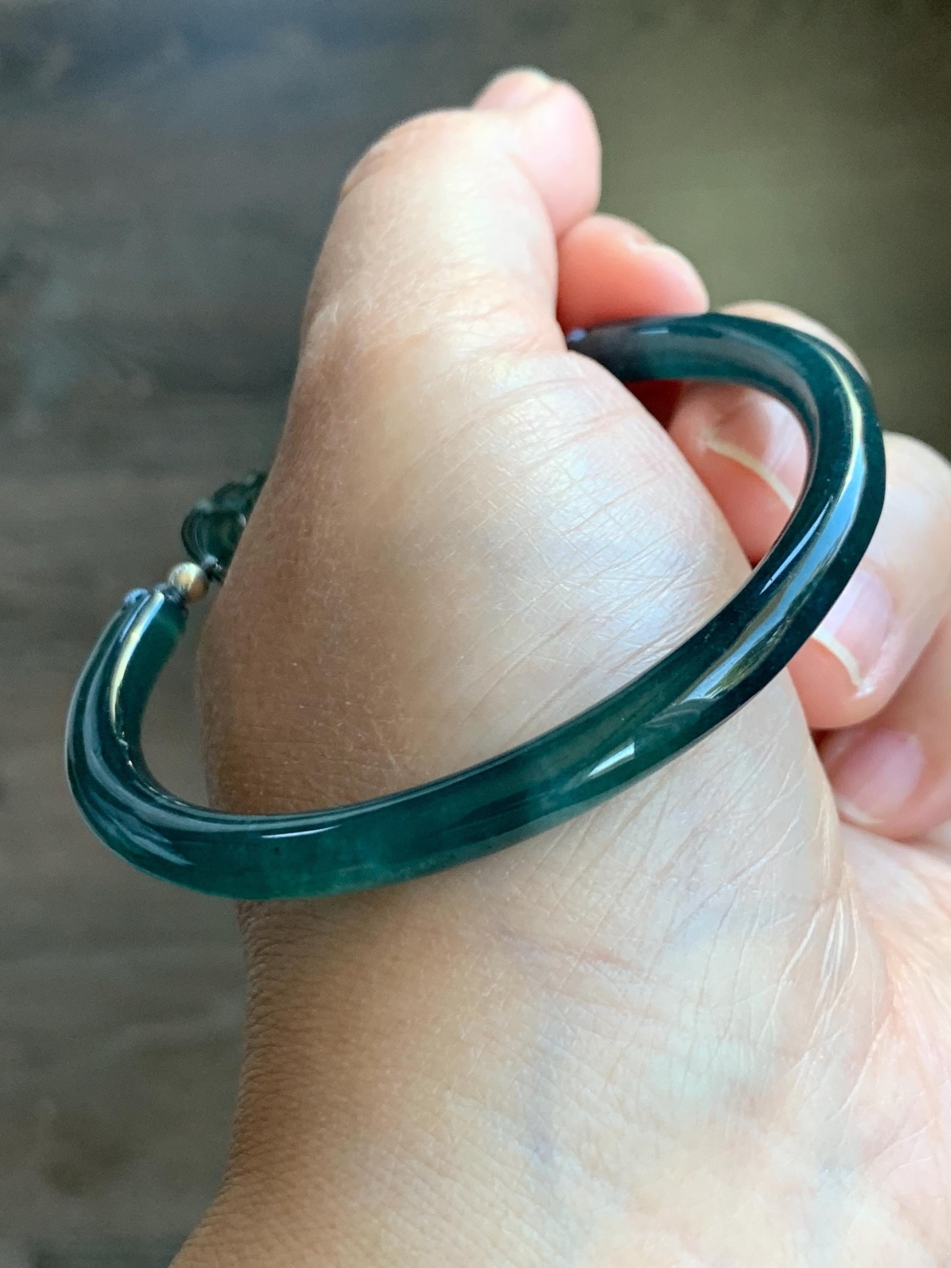 Natural Guatemalan Icy Translucent Dark Aegean Blue Jade Jadeite Open Bangle Bracelet w/ Double Pixiu Charms 56.5mm 天然老种冰胶危篮翡翠开口镯双貔貅 BZP250