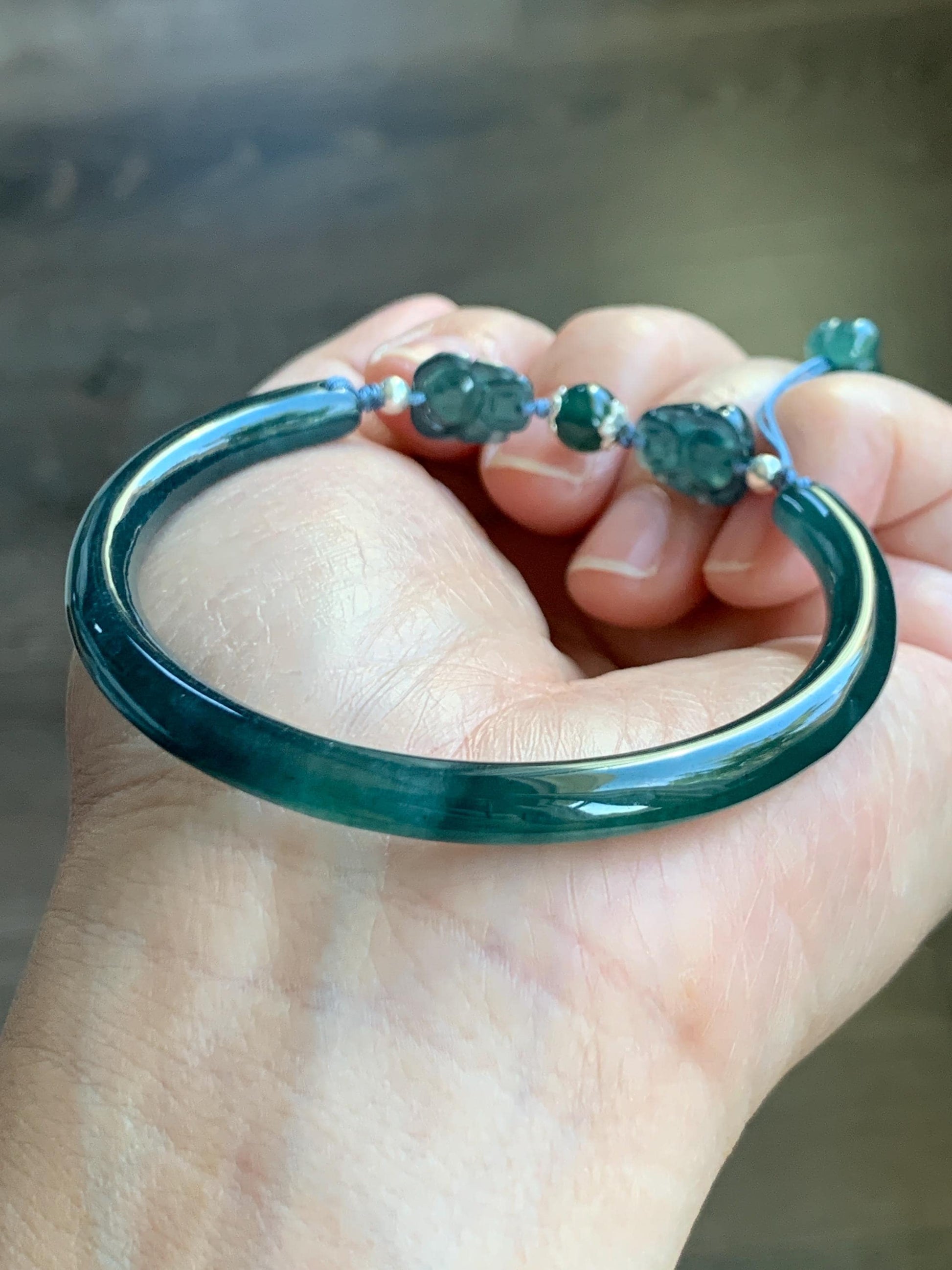 Natural Guatemalan Icy Translucent Dark Aegean Blue Jade Jadeite Open Bangle Bracelet w/ Double Pixiu Charms 56.5mm 天然老种冰胶危篮翡翠开口镯双貔貅 BZP250