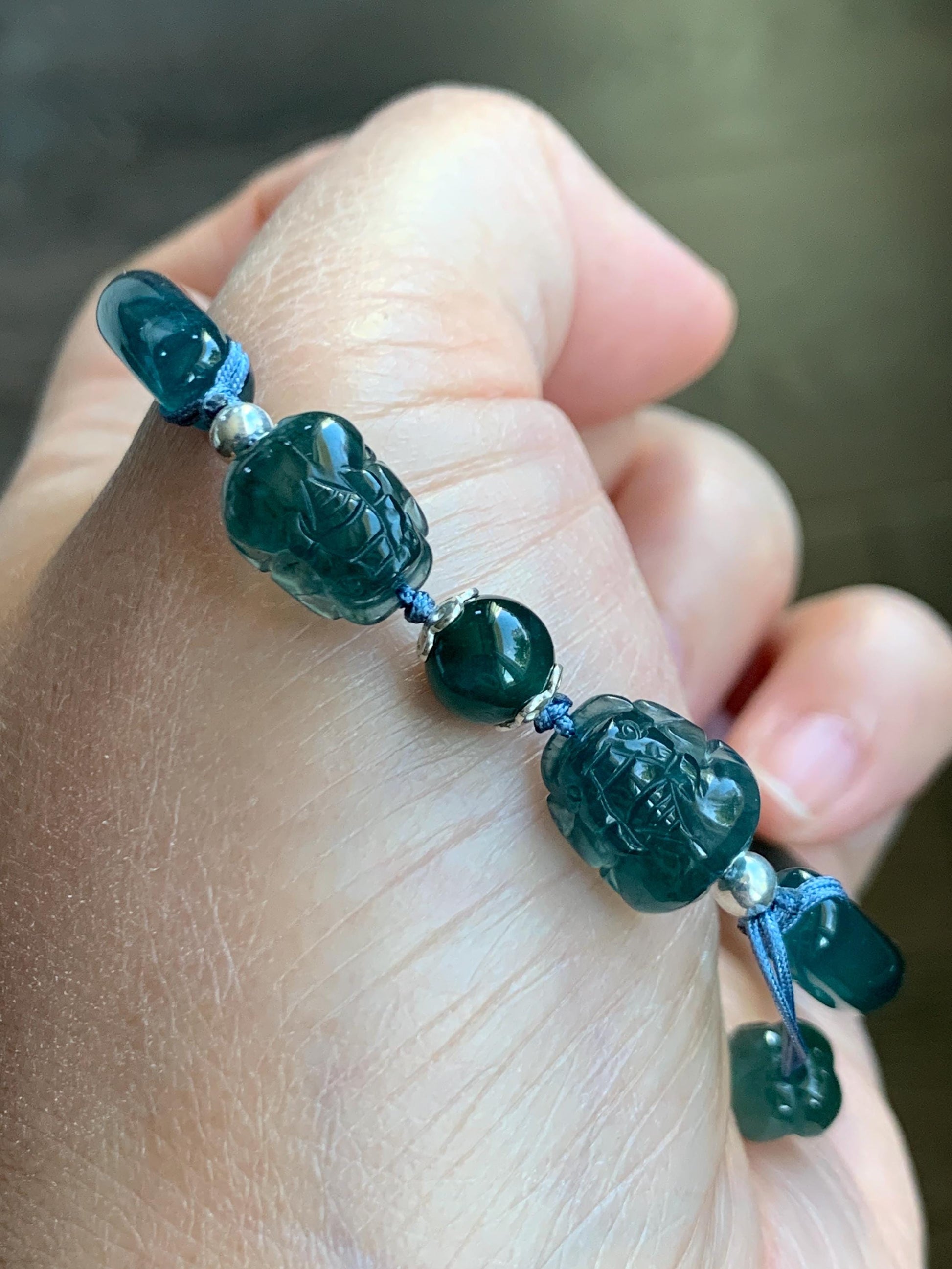 Natural Guatemalan Icy Translucent Dark Aegean Blue Jade Jadeite Open Bangle Bracelet w/ Double Pixiu Charms 56.5mm 天然老种冰胶危篮翡翠开口镯双貔貅 BZP250