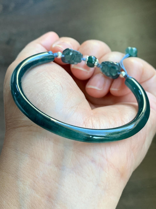 Natural Guatemalan Icy Translucent Dark Aegean Blue Jade Jadeite Open Bangle Bracelet w/ Double Pixiu Charms 56.5mm 天然老种冰胶危篮翡翠开口镯双貔貅 BZP250