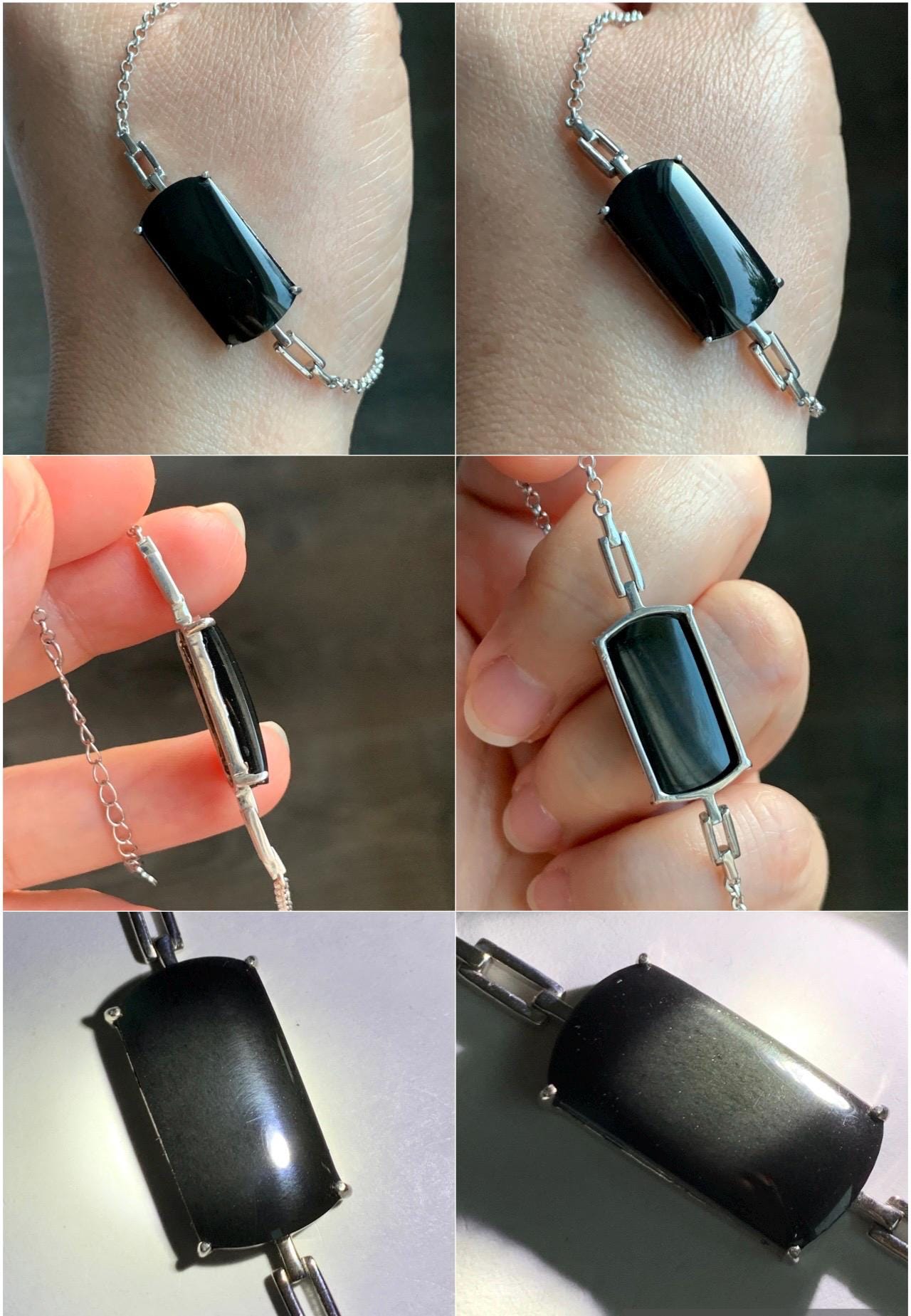 Certified Natural Grade A Opaque Black Jadeite Saddle Cabochon Rolo Chain Bracelet S925 Sterling Silver 6"-7.25" 5.7g 天然墨翠马鞍蛋面银镶手链 7419