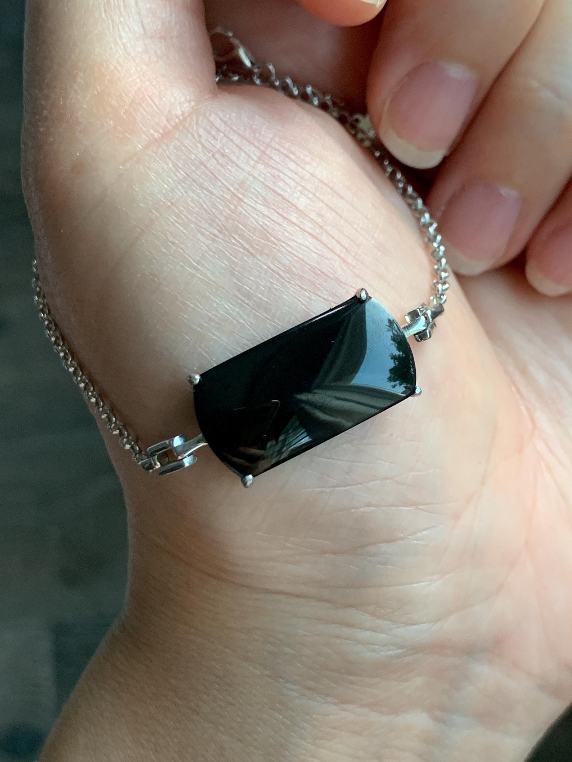 Certified Natural Grade A Opaque Black Jadeite Saddle Cabochon Rolo Chain Bracelet S925 Sterling Silver 6"-7.25" 5.7g 天然墨翠马鞍蛋面银镶手链 7419