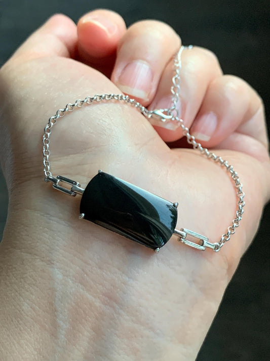 Certified Natural Grade A Opaque Black Jadeite Saddle Cabochon Rolo Chain Bracelet S925 Sterling Silver 6"-7.25" 5.7g 天然墨翠马鞍蛋面银镶手链 7419
