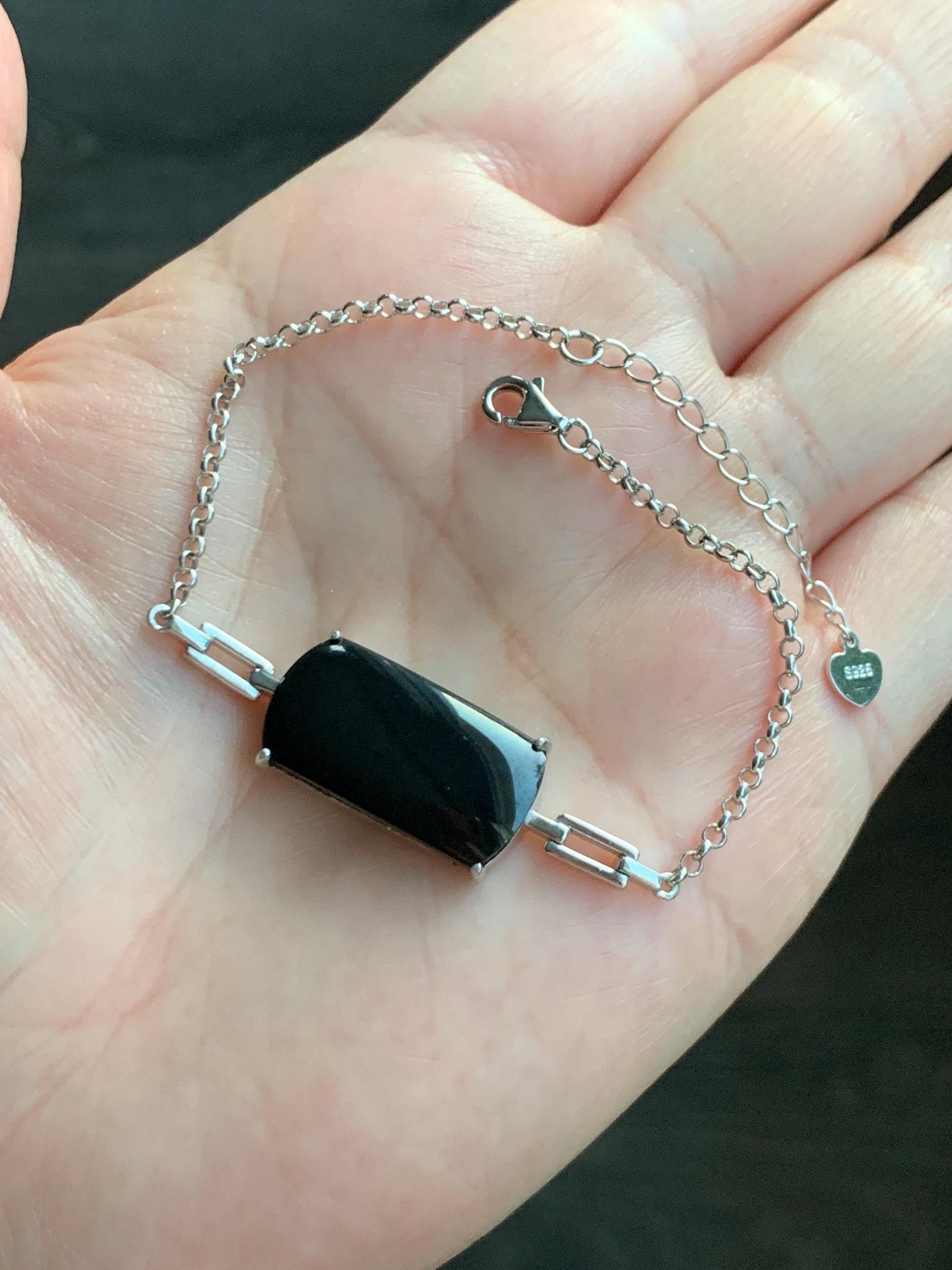 Certified Natural Grade A Opaque Black Jadeite Saddle Cabochon Rolo Chain Bracelet S925 Sterling Silver 6"-7.25" 5.7g 天然墨翠马鞍蛋面银镶手链 7419