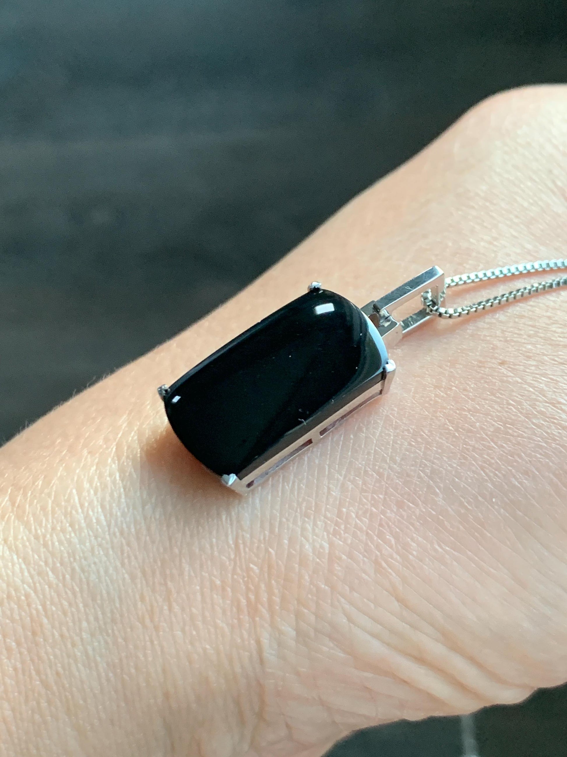 Certified Natural Grade A Opaque Intense Black Jadeite Wu Shi Pai Saddle Cabochon Pendant Sterling Silver 4g 天然墨翠银镶马鞍无事牌封底吊坠 7418