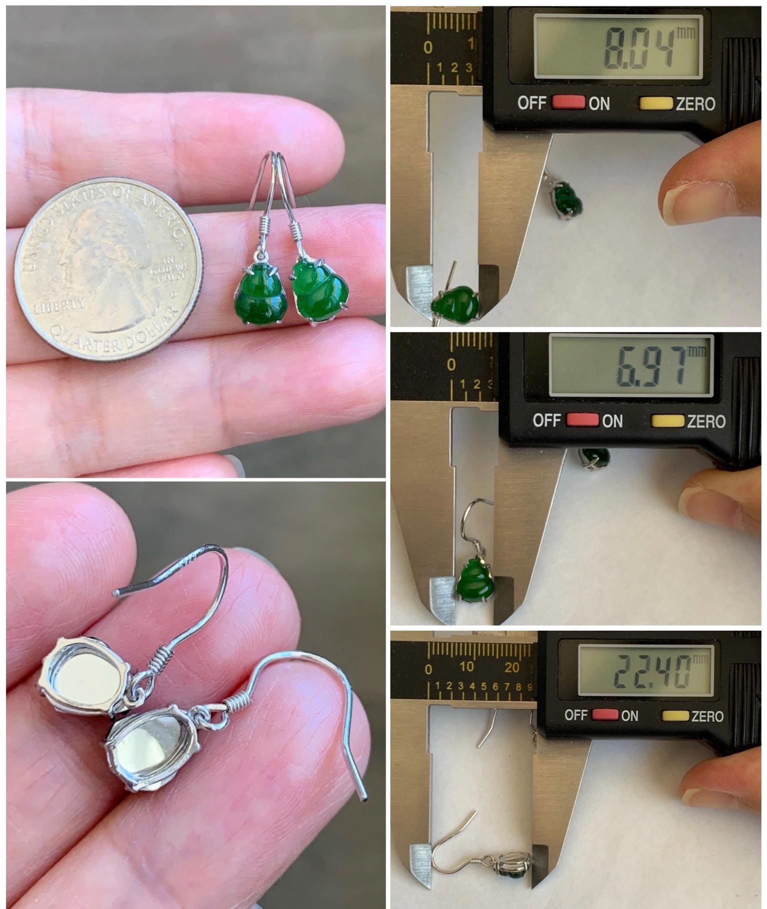 Natural Grade A Guatemalan Icy Translucent Vibrant Green Jade Jadeite Petite Hulu Gourd Dangle Earrings Sterling Silver 天然冰危绿翡翠葫芦银耳钉 WLG120
