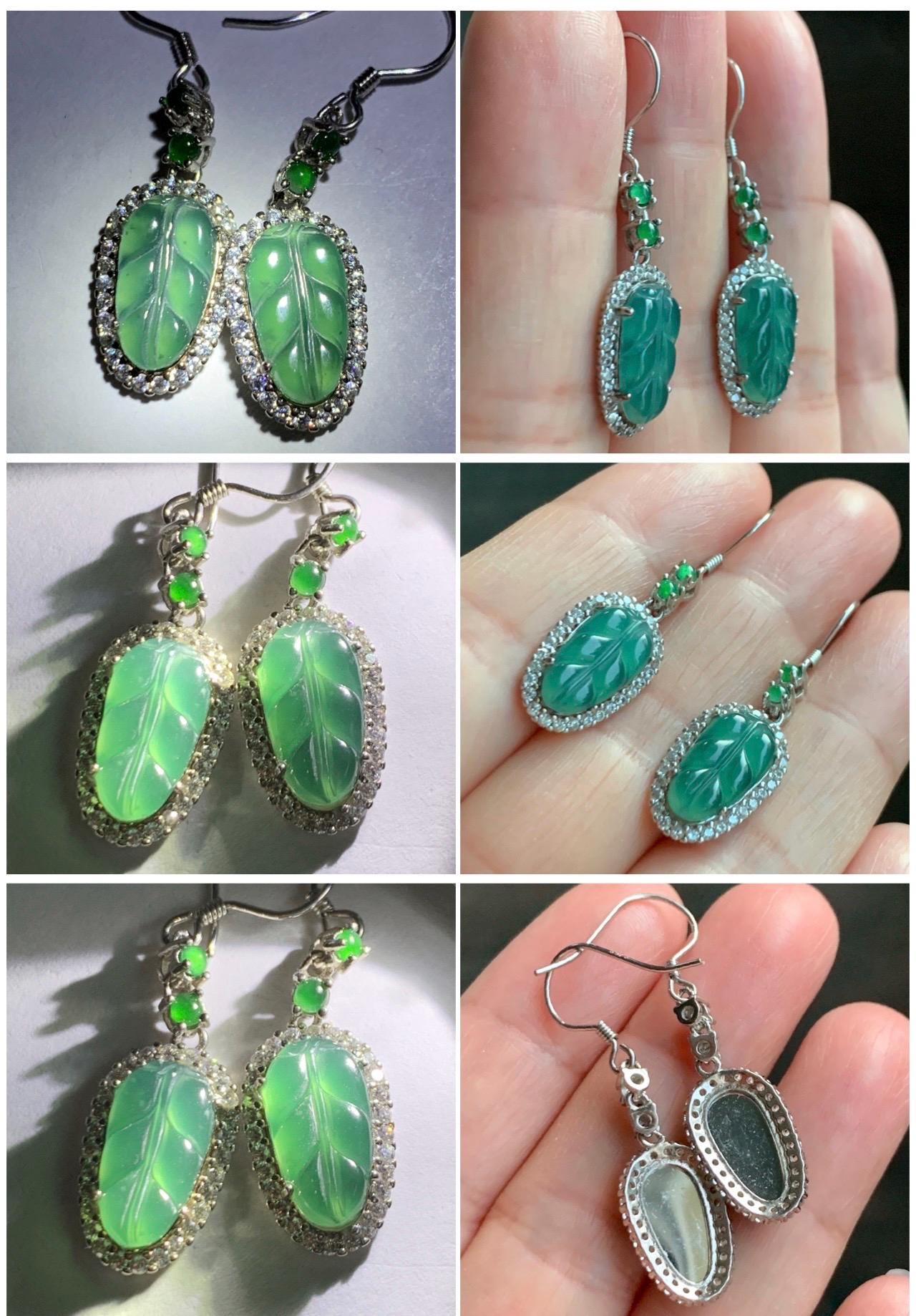 Natural Guatemalan Grade A Icy Translucent Teal Green Jadeite Leaf Vibrant Green Jadeite Earrings Sterling Silver 天然冰危蓝绿翡翠大叶有成银镶耳钩 WLYC88