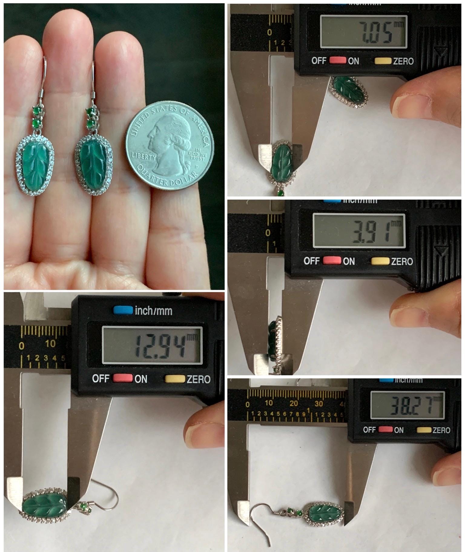 Natural Guatemalan Grade A Icy Translucent Teal Green Jadeite Leaf Vibrant Green Jadeite Earrings Sterling Silver 天然冰危蓝绿翡翠大叶有成银镶耳钩 WLYC88