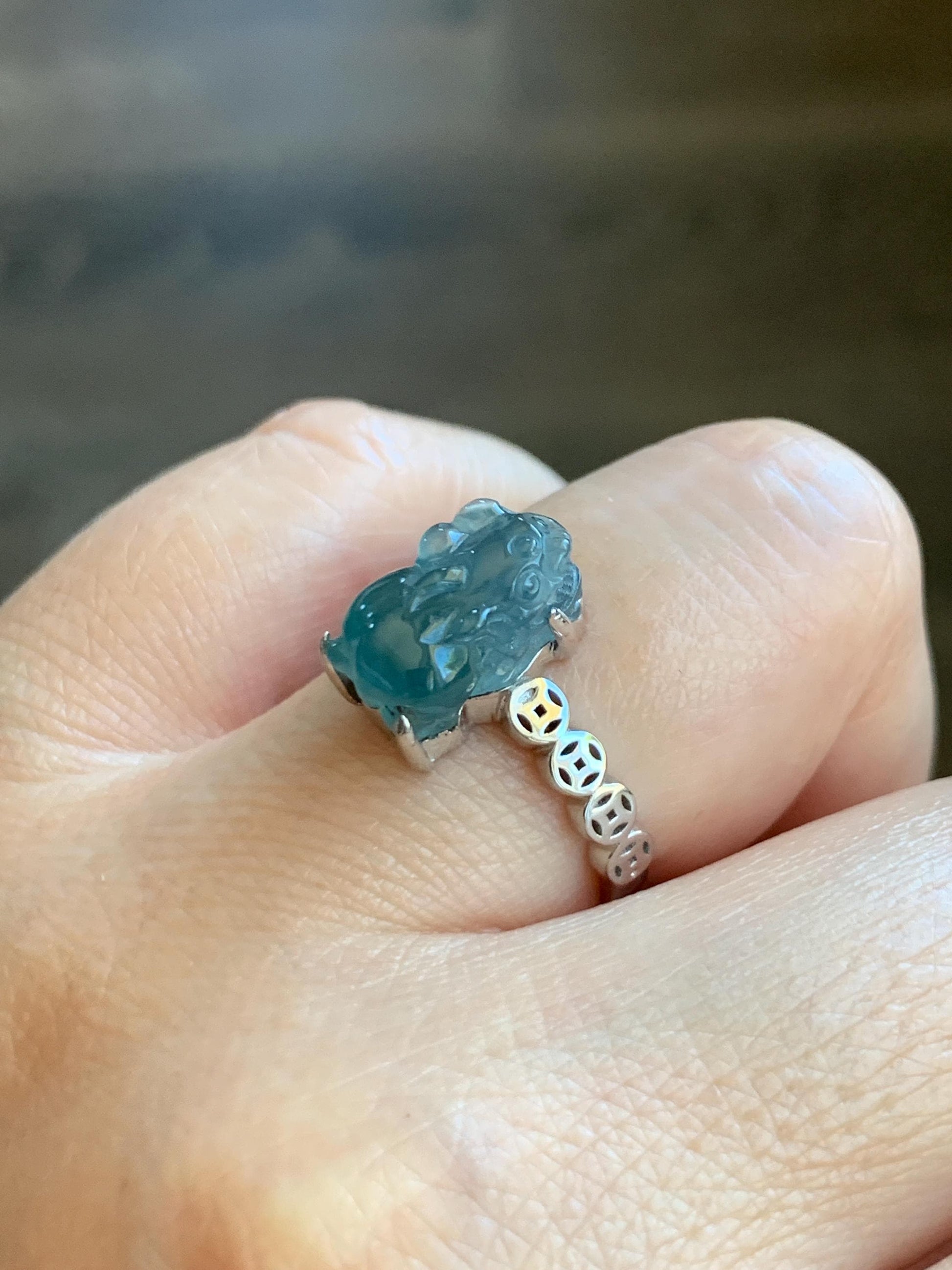 Certified Natural Grade A Guatemalan Icy Translucent Teal Green Jadeite Pixiu Ring Sterling Silver size 7.25 US 3.8g 天然冰胶危蓝绿翡翠貔貅银镶戒指 9449