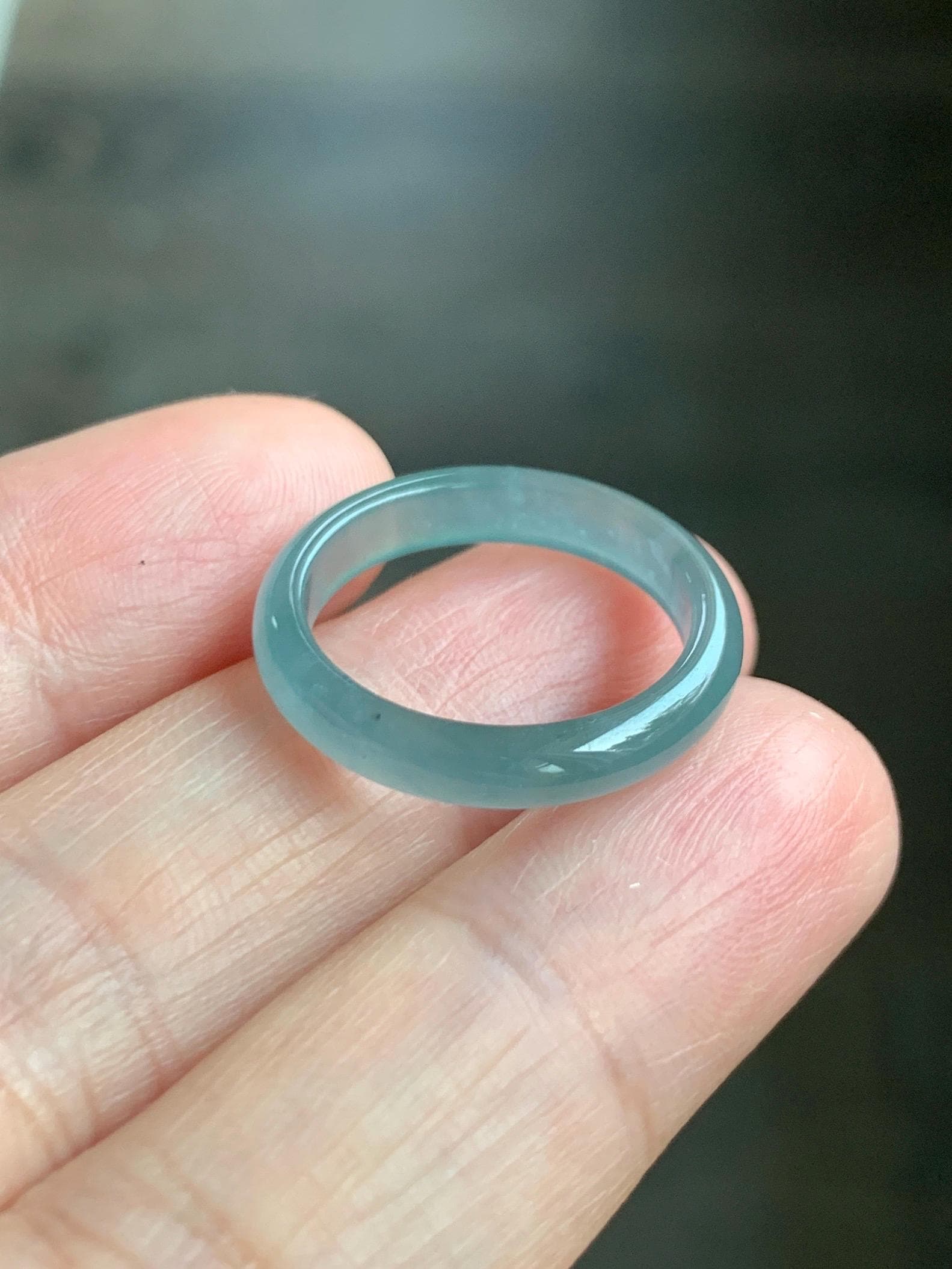Natural Grade A Guatemalan Icy Highly Translucent Gelatinous Pastel Teal Blue Jade Jadeite Band Ring Size 6.75 US 天然冰危淡蓝起光翡翠戒圈 WZC44-I