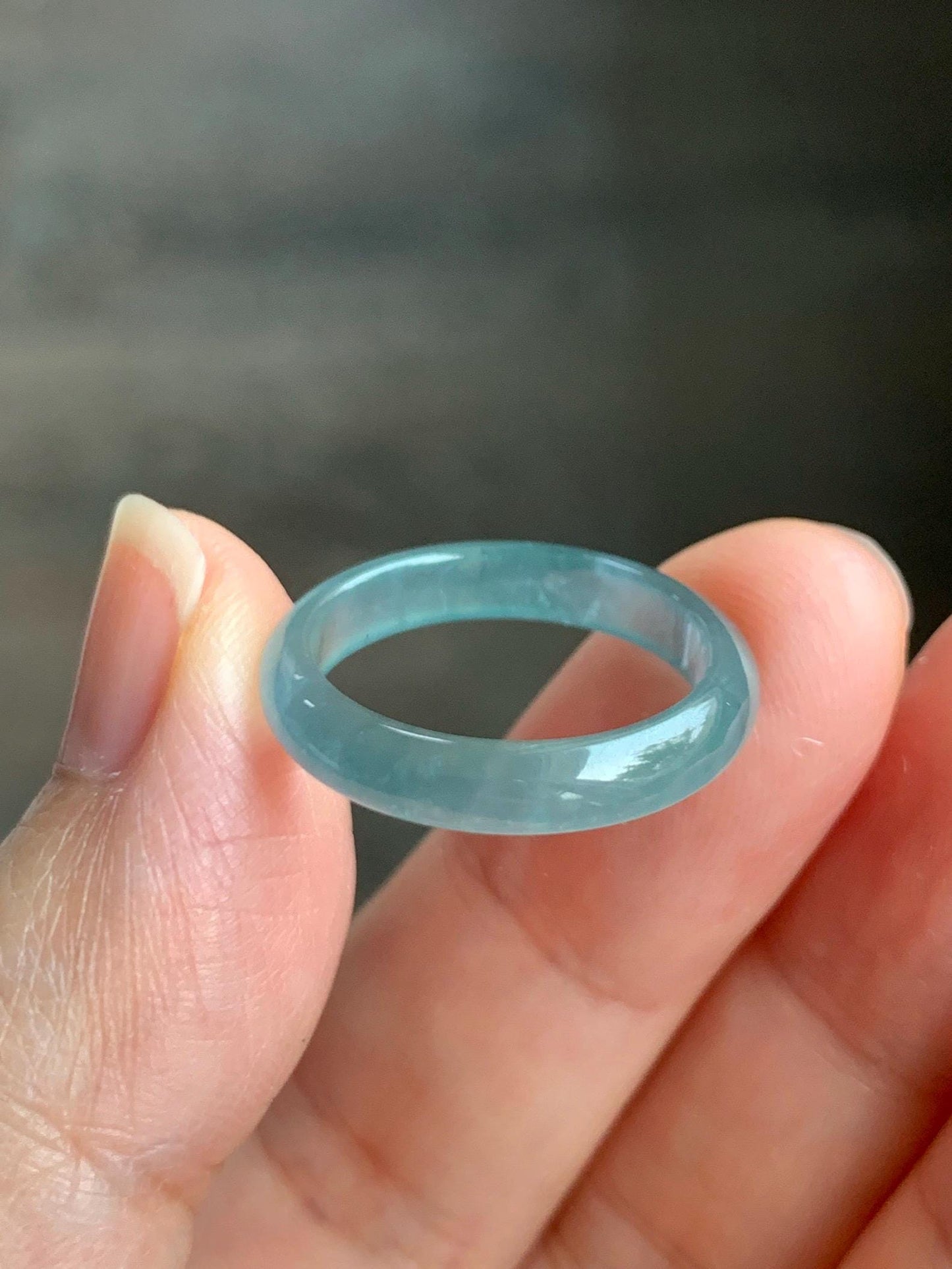 Natural Grade A Guatemalan Icy Highly Translucent Gelatinous Pastel Teal Blue Jade Jadeite Band Ring Size 6.75 US 天然冰危淡蓝起光翡翠戒圈 WZC44-I
