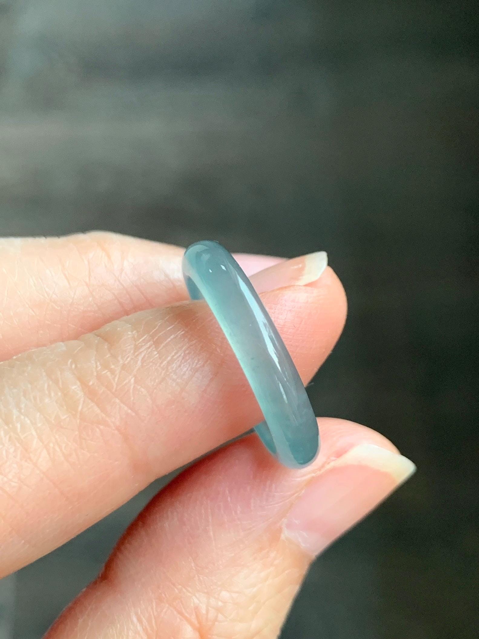 Natural Grade A Guatemalan Icy Highly Translucent Gelatinous Pastel Teal Blue Jade Jadeite Band Ring Size 6.75 US 天然冰危淡蓝起光翡翠戒圈 WZC44-I