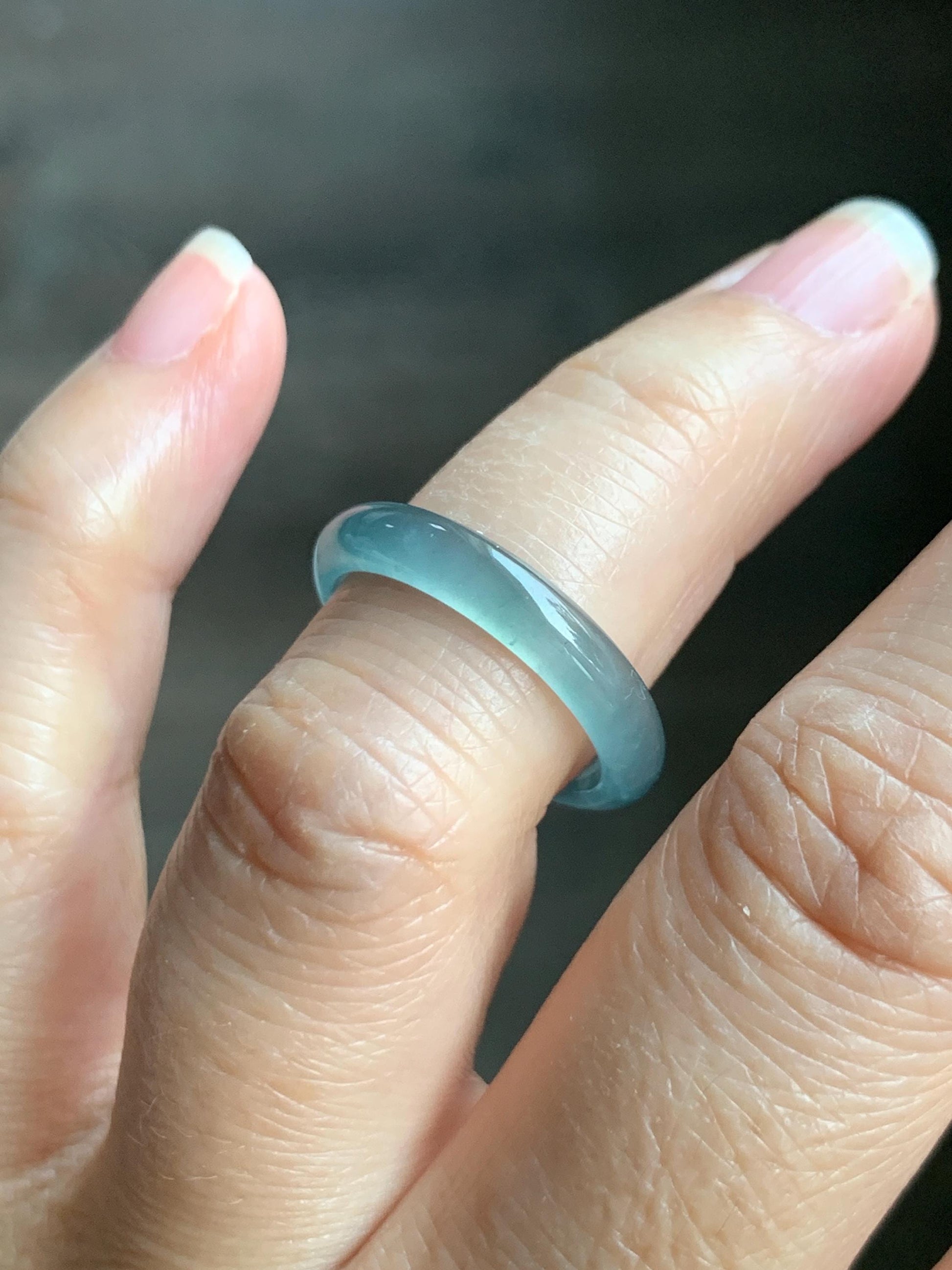Natural Grade A Guatemalan Icy Highly Translucent Gelatinous Pastel Teal Blue Jade Jadeite Band Ring Size 6.75 US 天然冰危淡蓝起光翡翠戒圈 WZC44-I