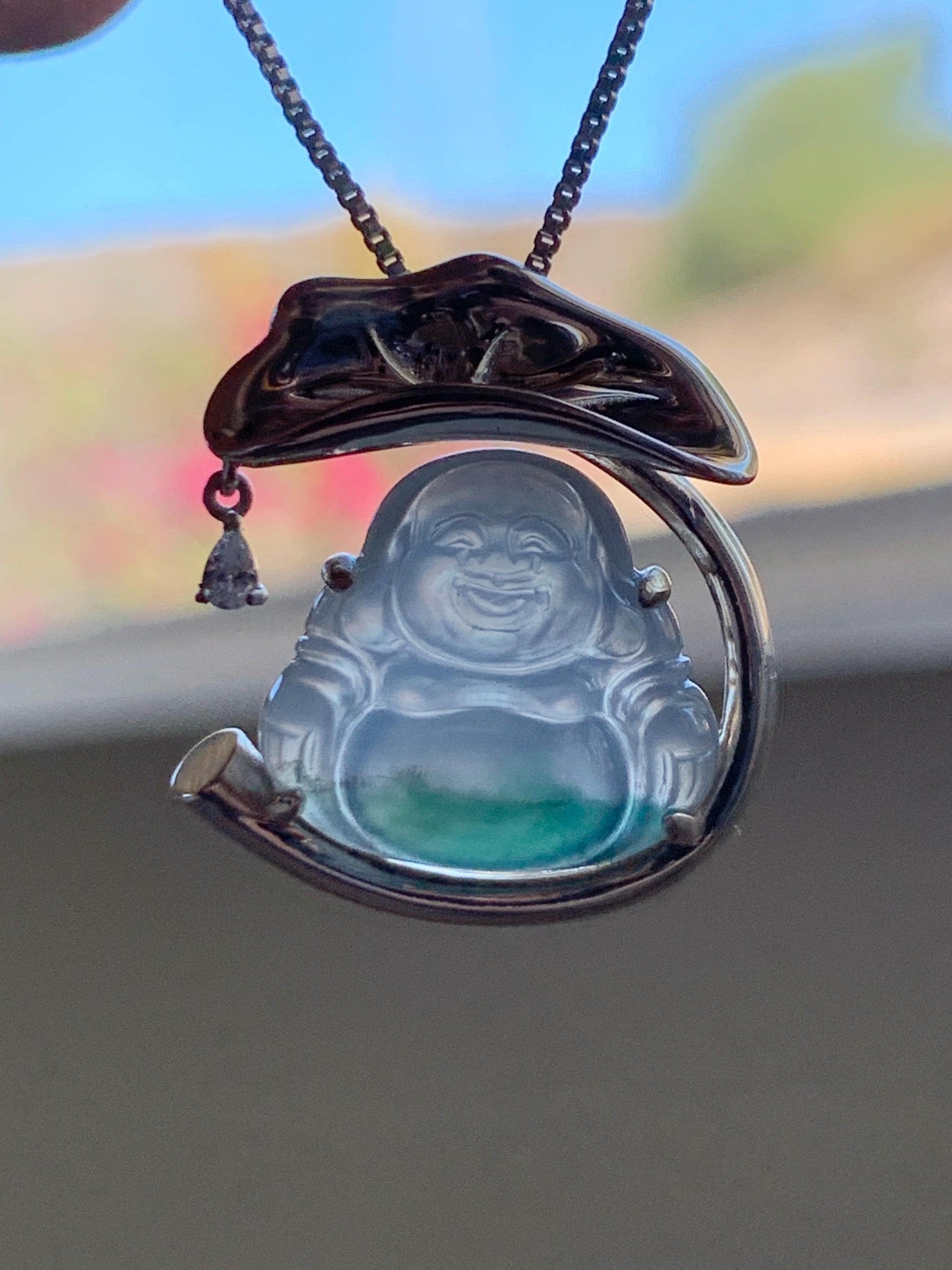 Certified Natural Grade A Icy Translucent Gelatinous White Green Marbled Jadeite Buddha Pendant Sterling Silver 4.89g 天然老种冰胶飘花翡翠佛公镶嵌吊坠 9462