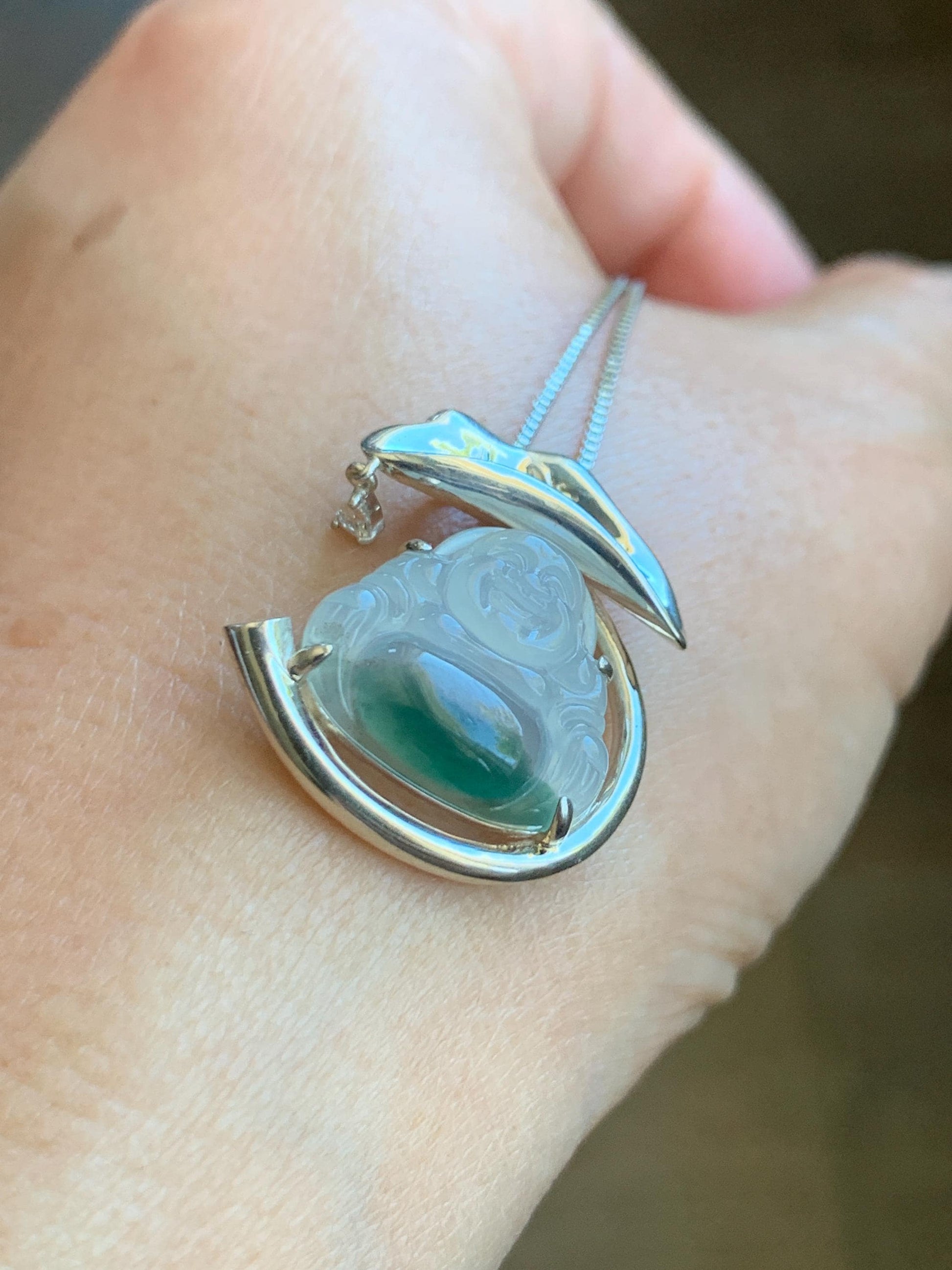 Certified Natural Grade A Icy Translucent Gelatinous White Green Marbled Jadeite Buddha Pendant Sterling Silver 4.89g 天然老种冰胶飘花翡翠佛公镶嵌吊坠 9462