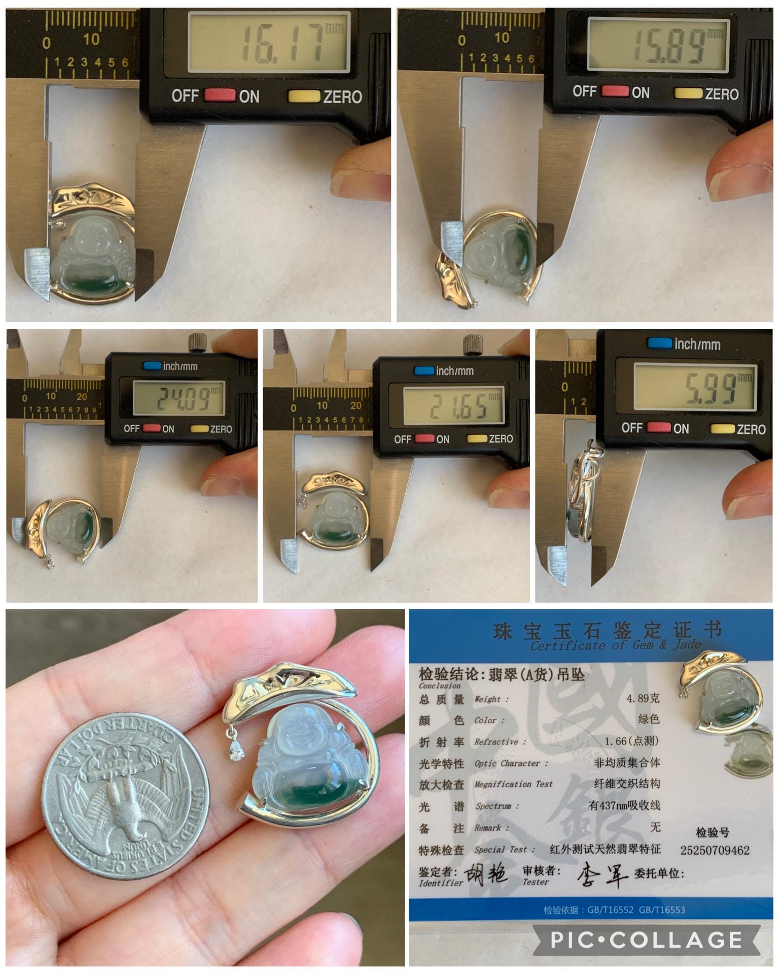 Certified Natural Grade A Icy Translucent Gelatinous White Green Marbled Jadeite Buddha Pendant Sterling Silver 4.89g 天然老种冰胶飘花翡翠佛公镶嵌吊坠 9462