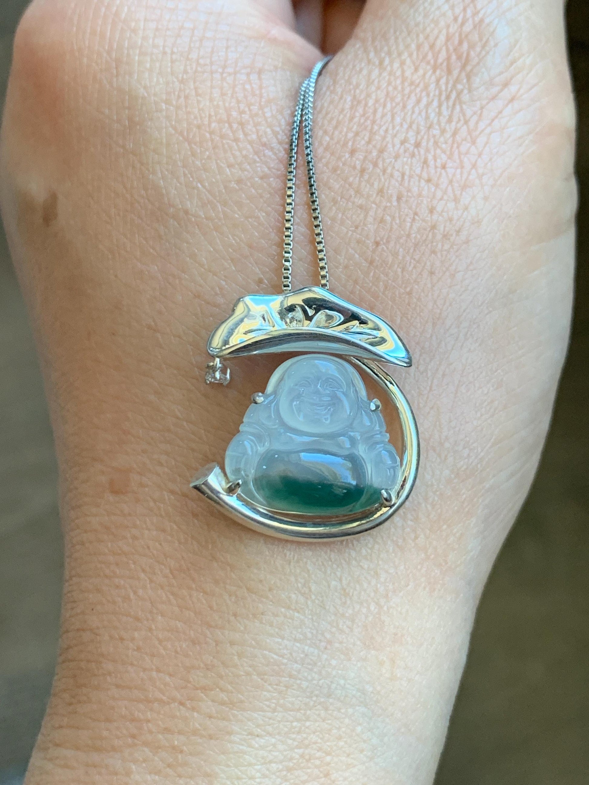 Certified Natural Grade A Icy Translucent Gelatinous White Green Marbled Jadeite Buddha Pendant Sterling Silver 4.89g 天然老种冰胶飘花翡翠佛公镶嵌吊坠 9462