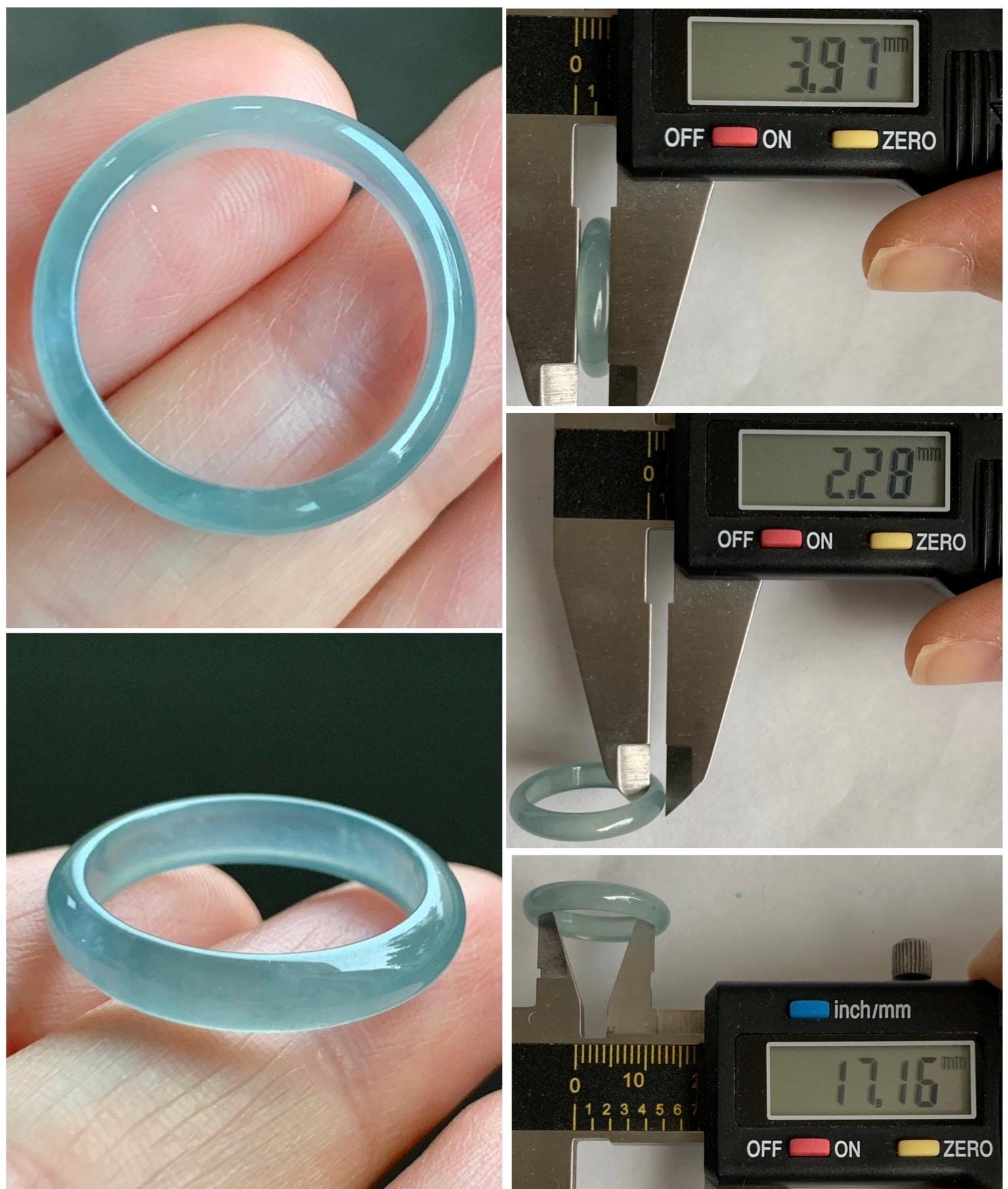 Natural Grade A Guatemalan Icy Highly Translucent Gelatinous Pastel Teal Blue Jade Jadeite Band Ring Size 6.75 US 天然冰危淡蓝起光翡翠戒圈 WZC44-J