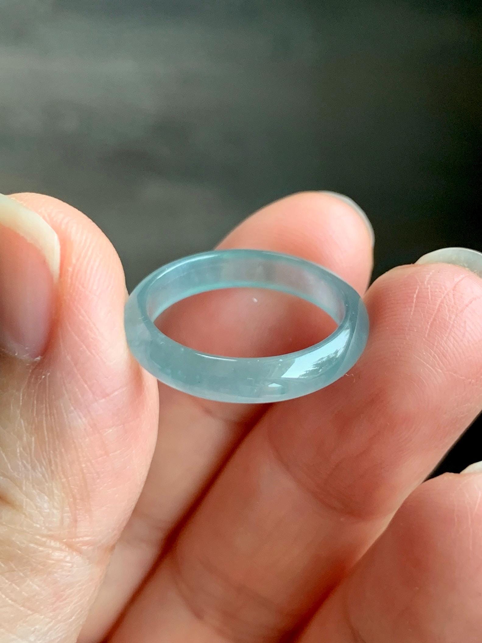 Natural Grade A Guatemalan Icy Highly Translucent Gelatinous Pastel Teal Blue Jade Jadeite Band Ring Size 6.75 US 天然冰危淡蓝起光翡翠戒圈 WZC44-J