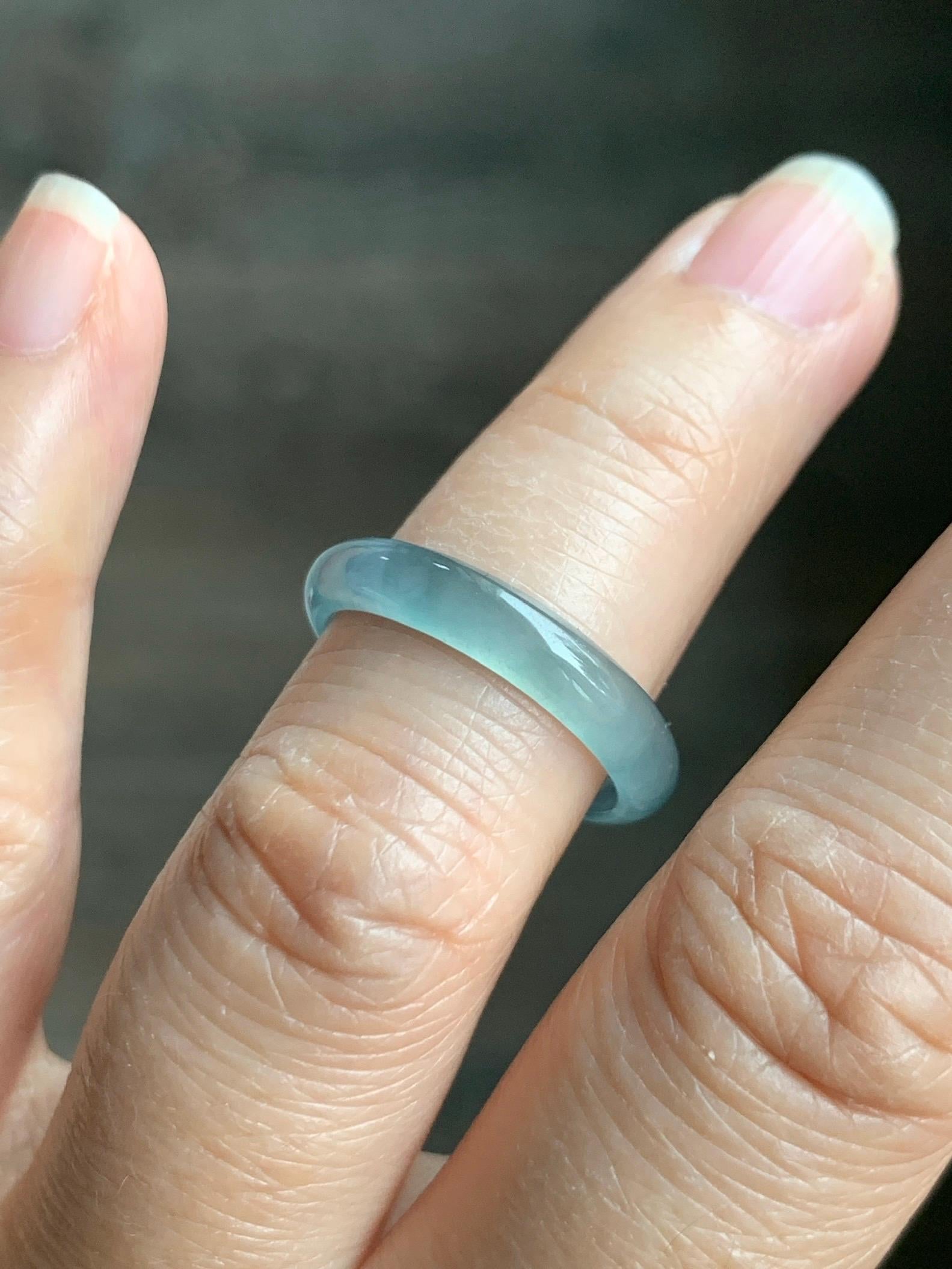 Natural Grade A Guatemalan Icy Highly Translucent Gelatinous Pastel Teal Blue Jade Jadeite Band Ring Size 6.75 US 天然冰危淡蓝起光翡翠戒圈 WZC44-J