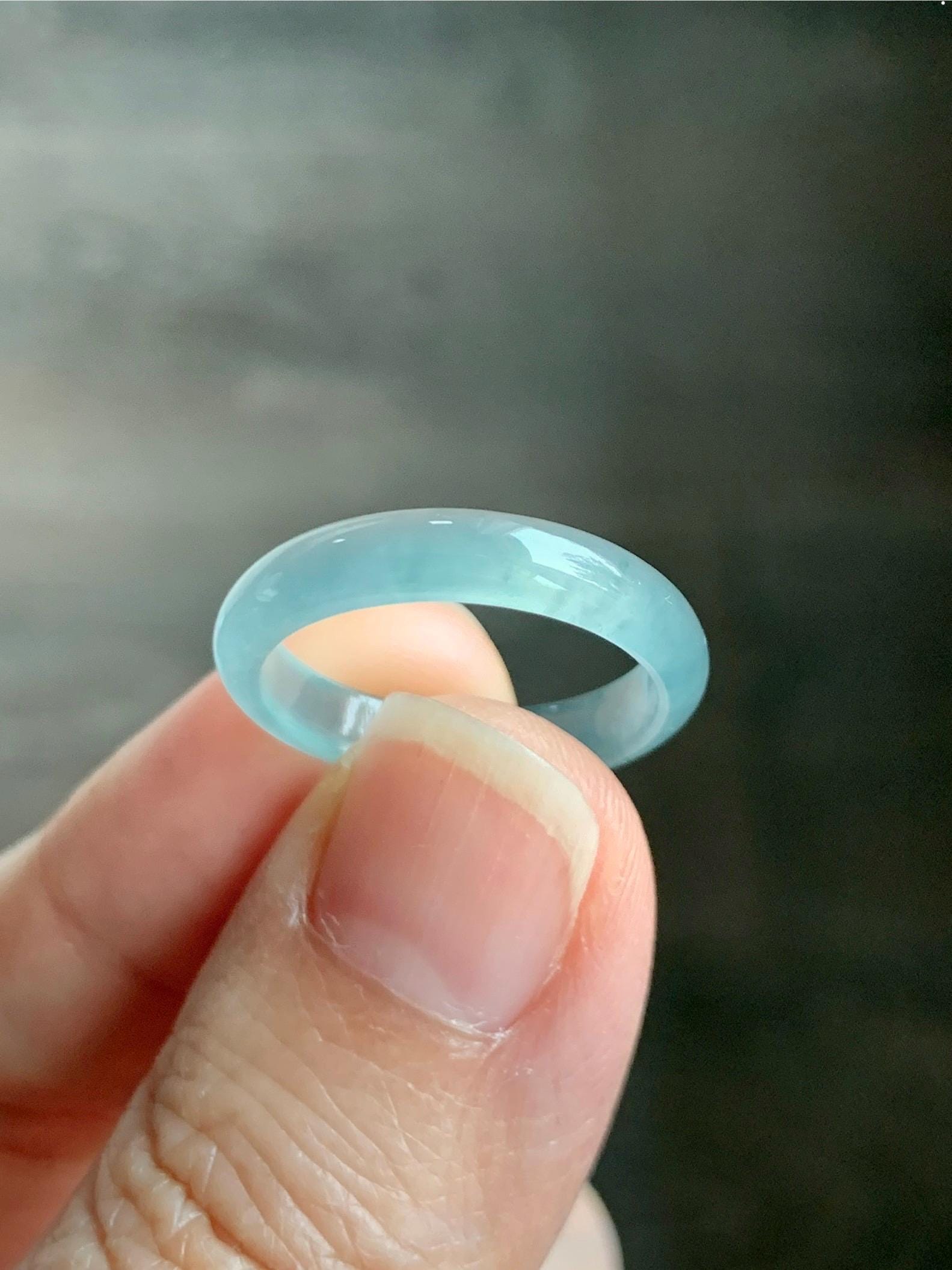 Natural Grade A Guatemalan Icy Highly Translucent Gelatinous Pastel Teal Blue Jade Jadeite Band Ring Size 6.75 US 天然冰危淡蓝起光翡翠戒圈 WZC44-J