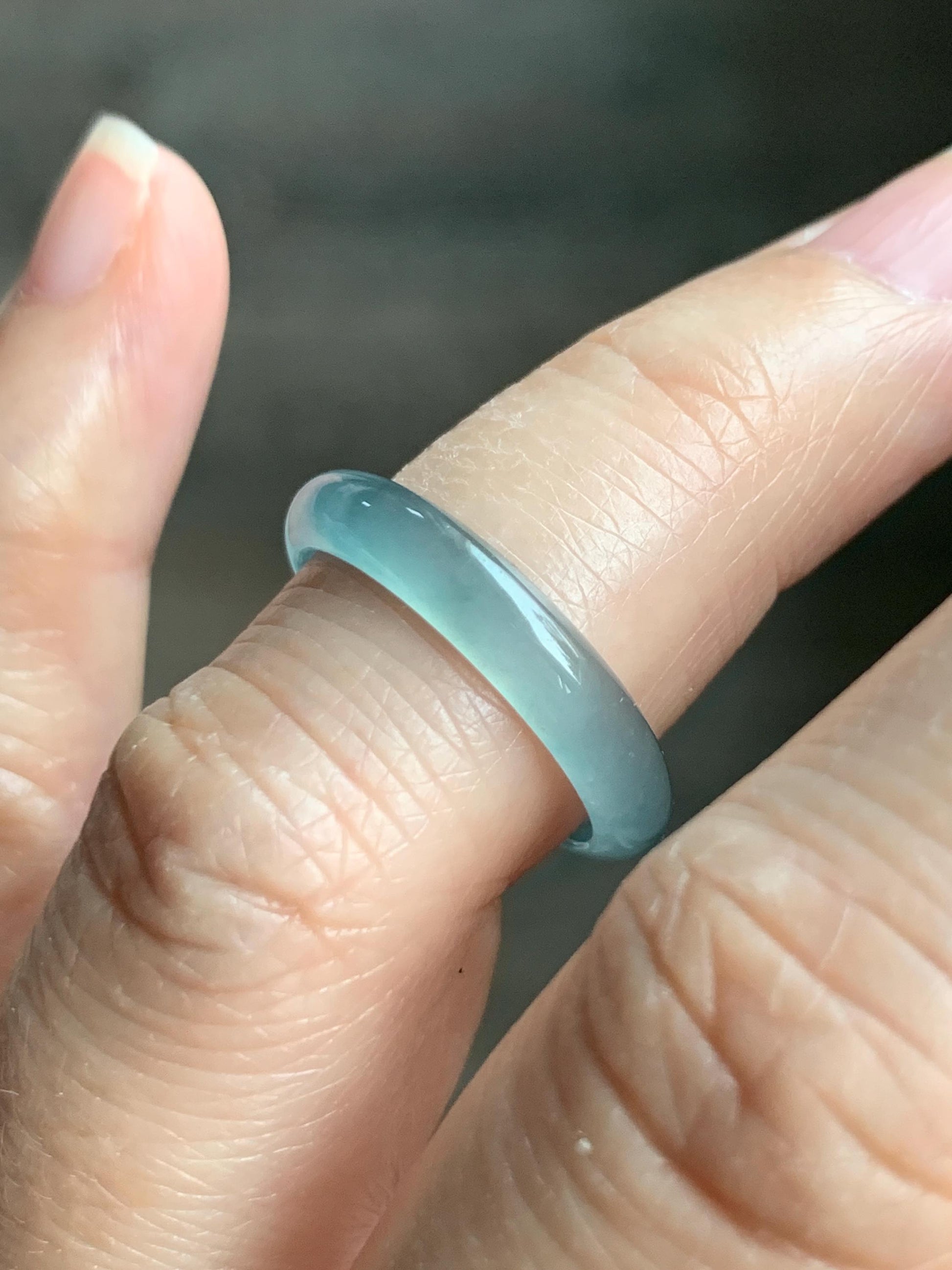 Natural Grade A Guatemalan Icy Highly Translucent Gelatinous Pastel Teal Blue Jade Jadeite Band Ring Size 6.75 US 天然冰危淡蓝起光翡翠戒圈 WZC44-J