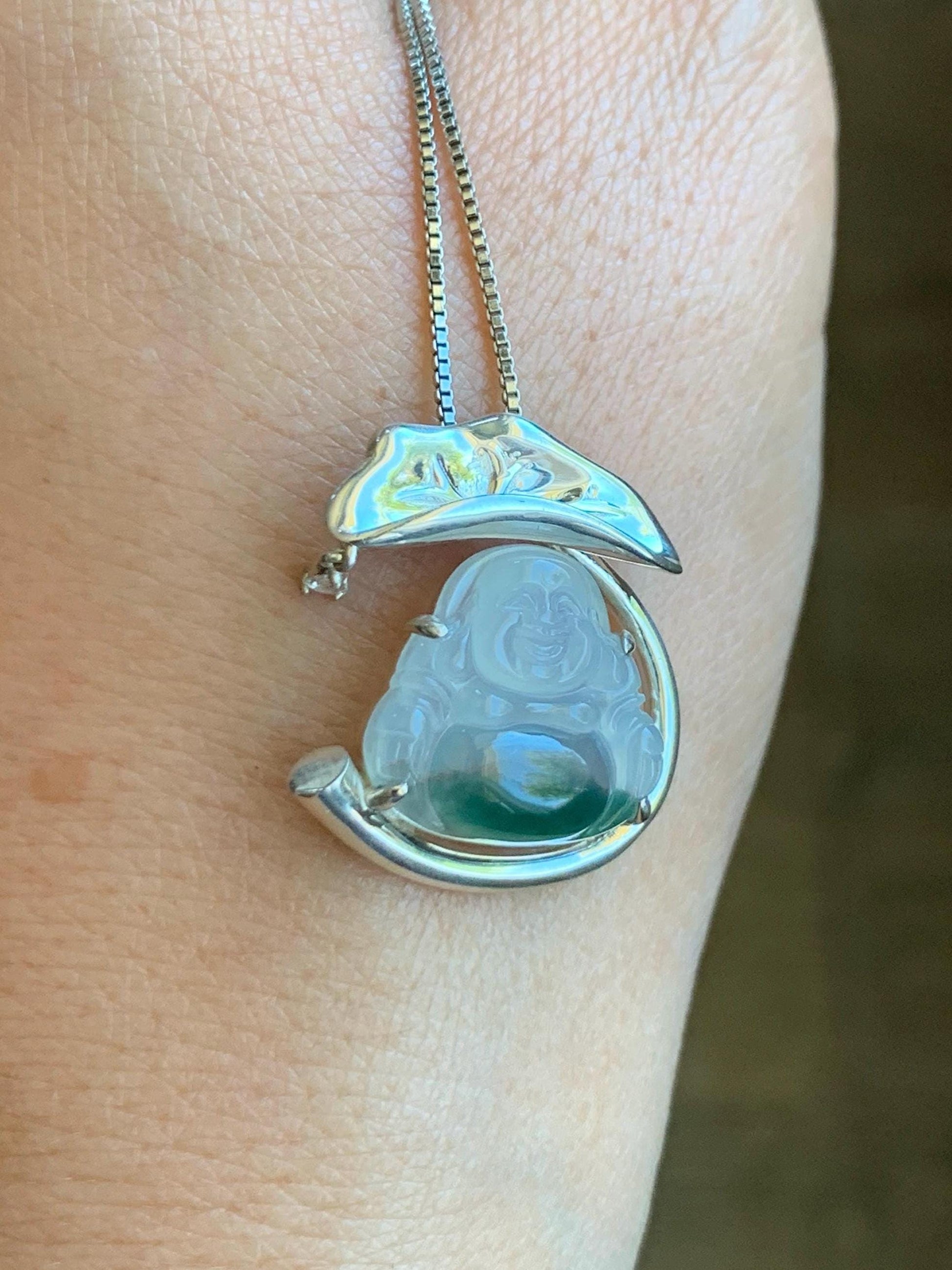 Certified Natural Grade A Icy Translucent Gelatinous White Green Marbled Jadeite Buddha Pendant Sterling Silver 4.89g 天然老种冰胶飘花翡翠佛公镶嵌吊坠 9462