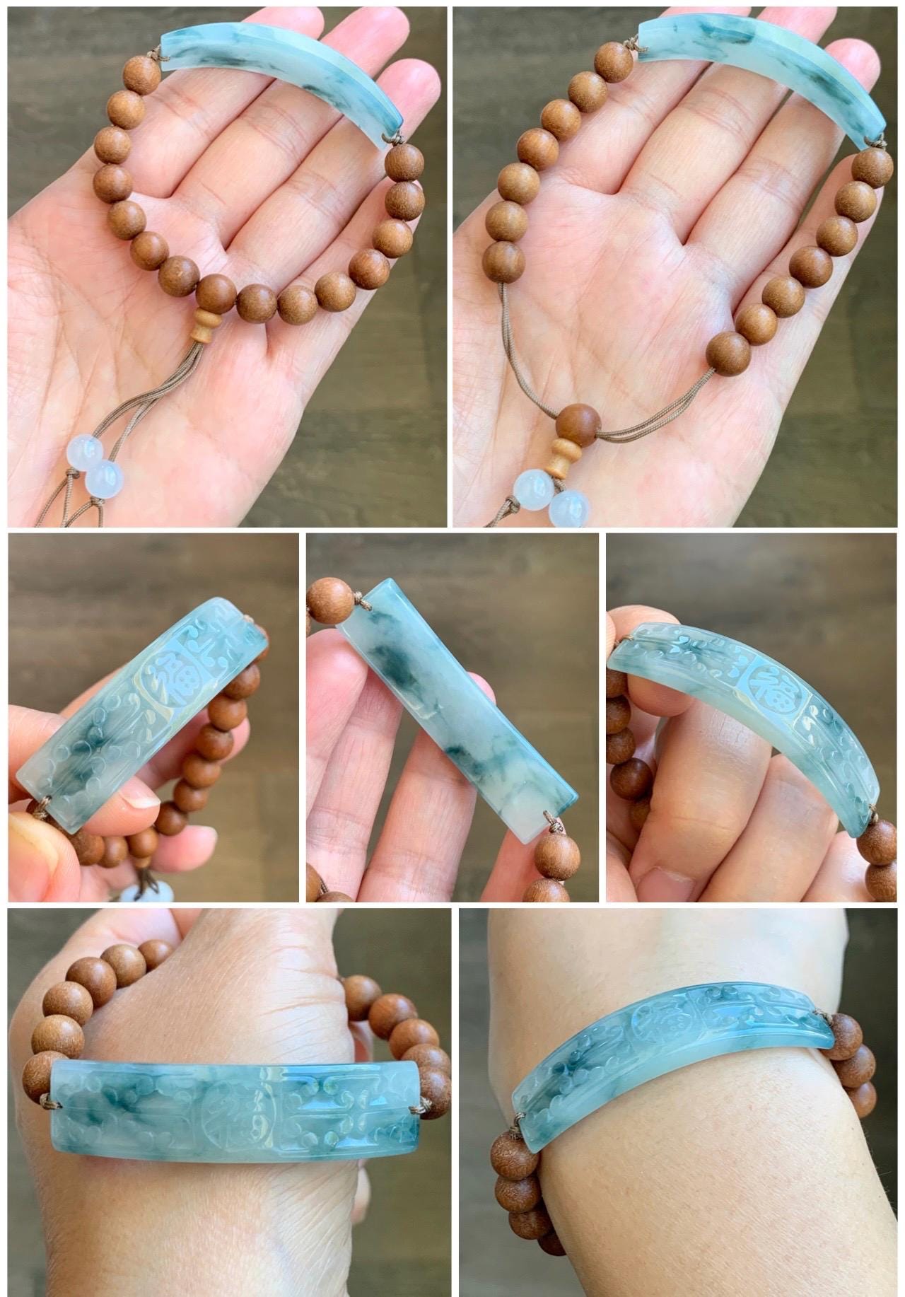 Natural Grade A Icy Translucent Gelatinous Pastel Blue Teal Blue Marbled Jadeite Cuff Wood Beads Beaded Bracelet 7.25" 天然冰胶蓝花翡翠手牌木珠手串 PLP250