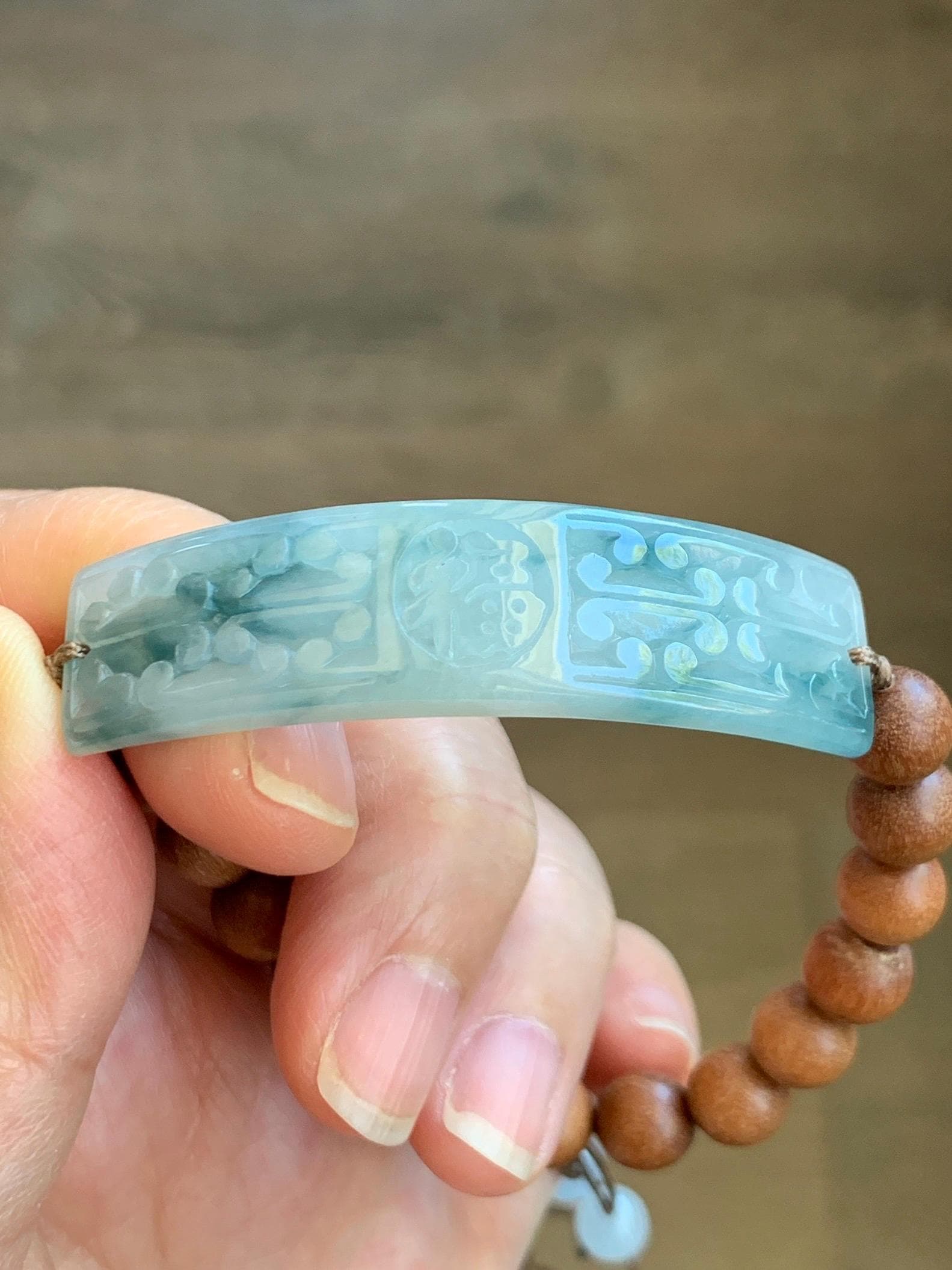 Natural Grade A Icy Translucent Gelatinous Pastel Blue Teal Blue Marbled Jadeite Cuff Wood Beads Beaded Bracelet 7.25" 天然冰胶蓝花翡翠手牌木珠手串 PLP250