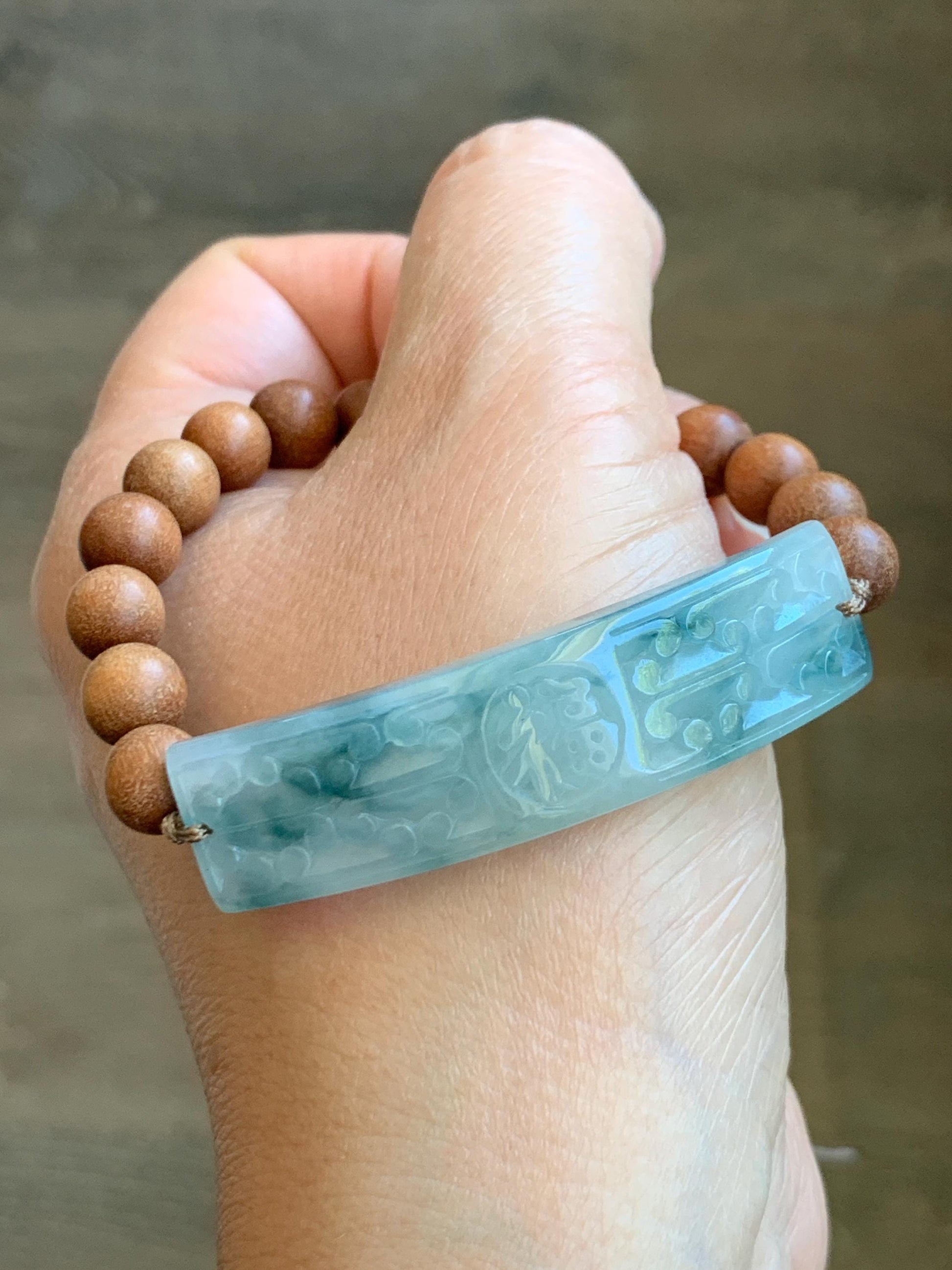 Natural Grade A Icy Translucent Gelatinous Pastel Blue Teal Blue Marbled Jadeite Cuff Wood Beads Beaded Bracelet 7.25" 天然冰胶蓝花翡翠手牌木珠手串 PLP250