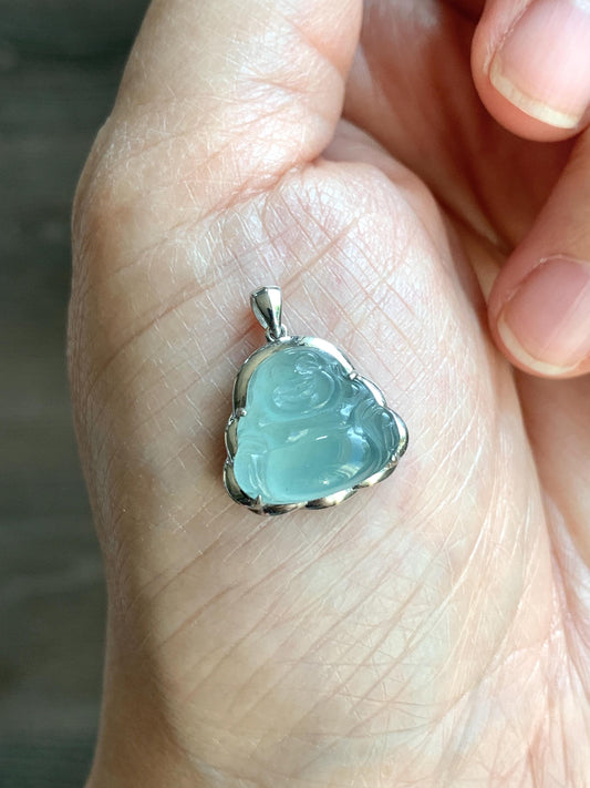 Certified Natural Guatemalan Icy Highly Translucent Light Teal Blue Jadeite Buddha Petite Pendant Sterling Silver 天然老种高冰危蓝绿翡翠起光佛公镶嵌吊坠 3025